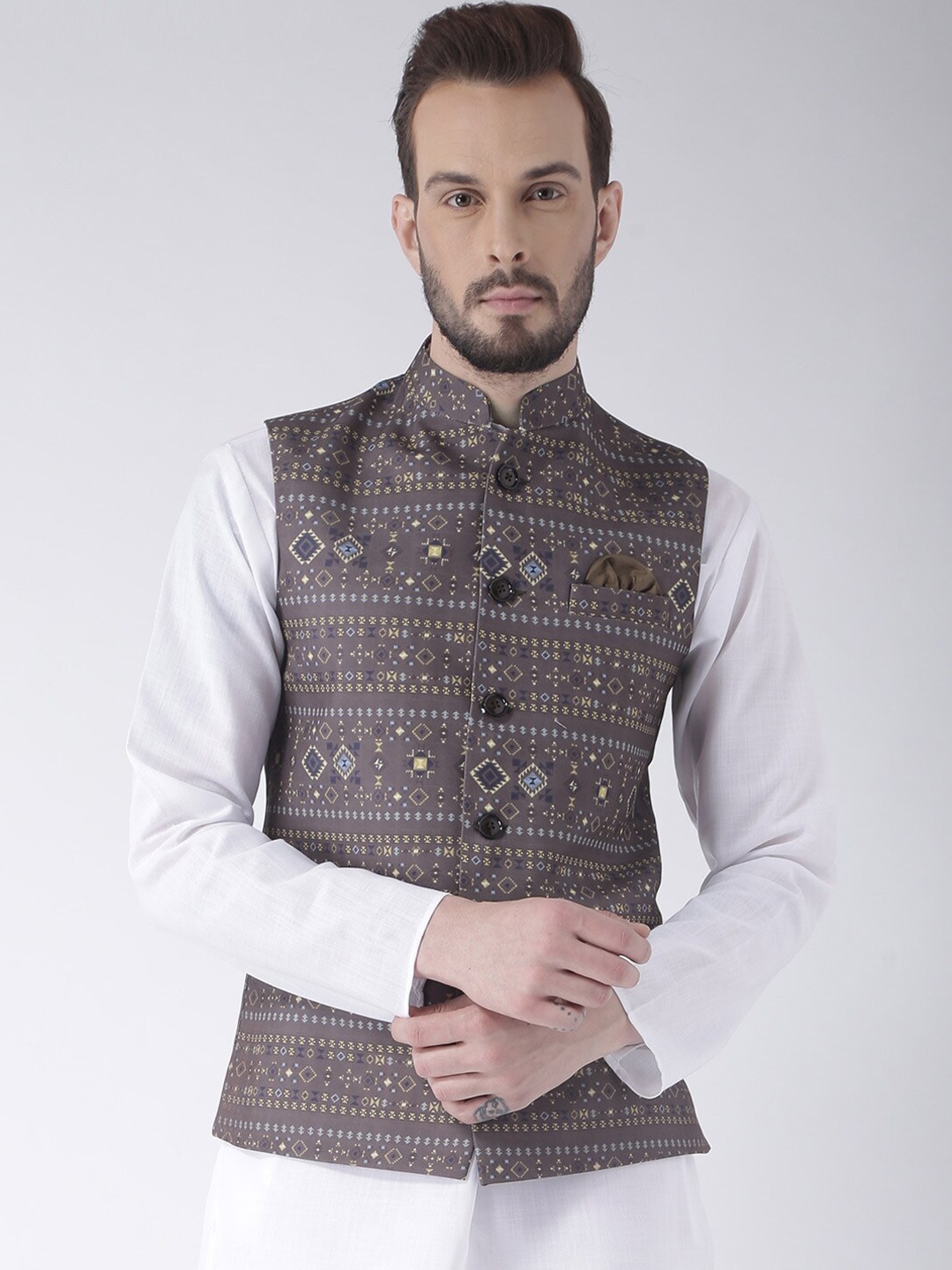 

Hangup Men Printed Nehru Jackets, Grey
