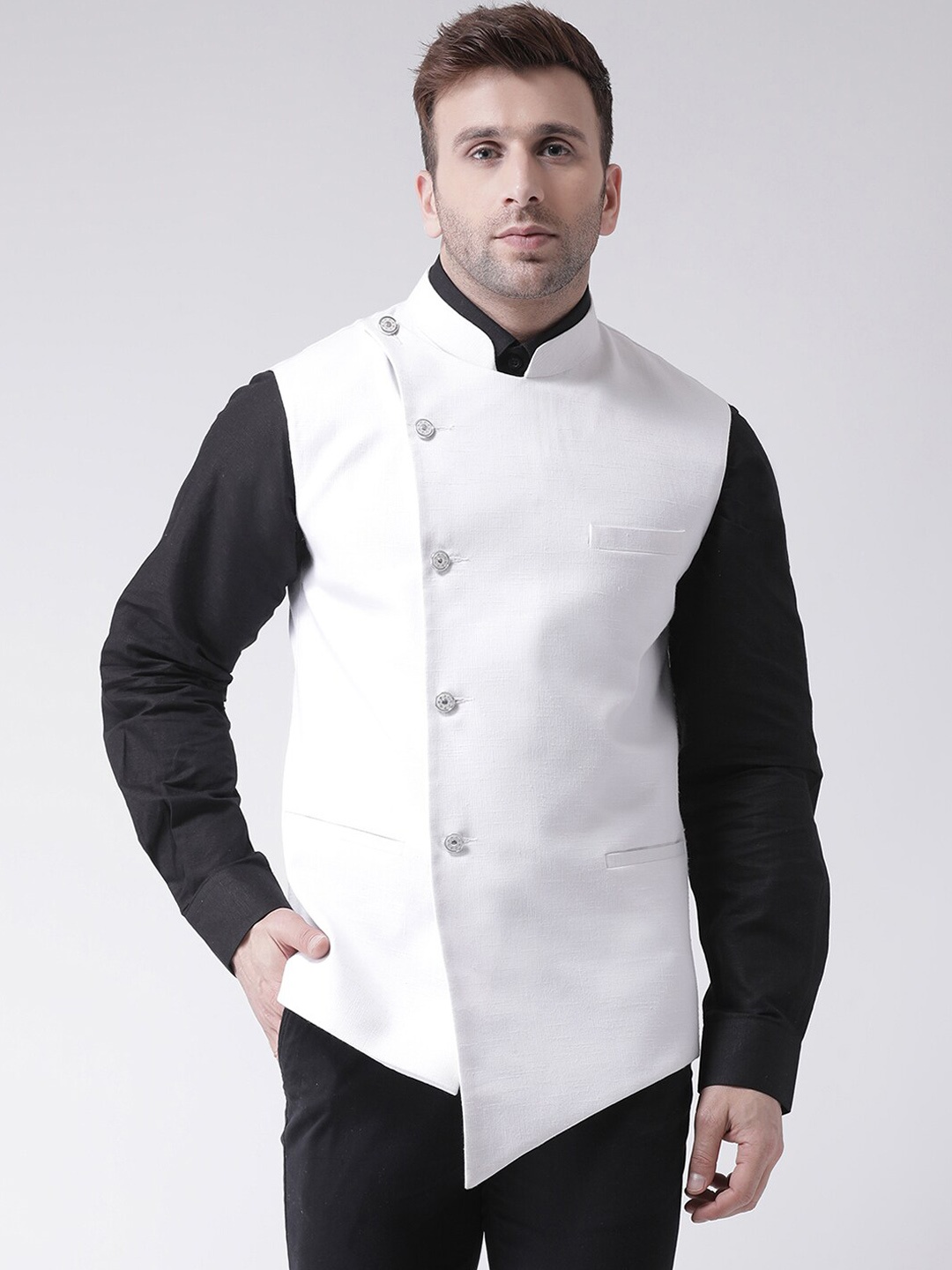 

Hangup Men Mandarin Collar Nehru Jacket, White