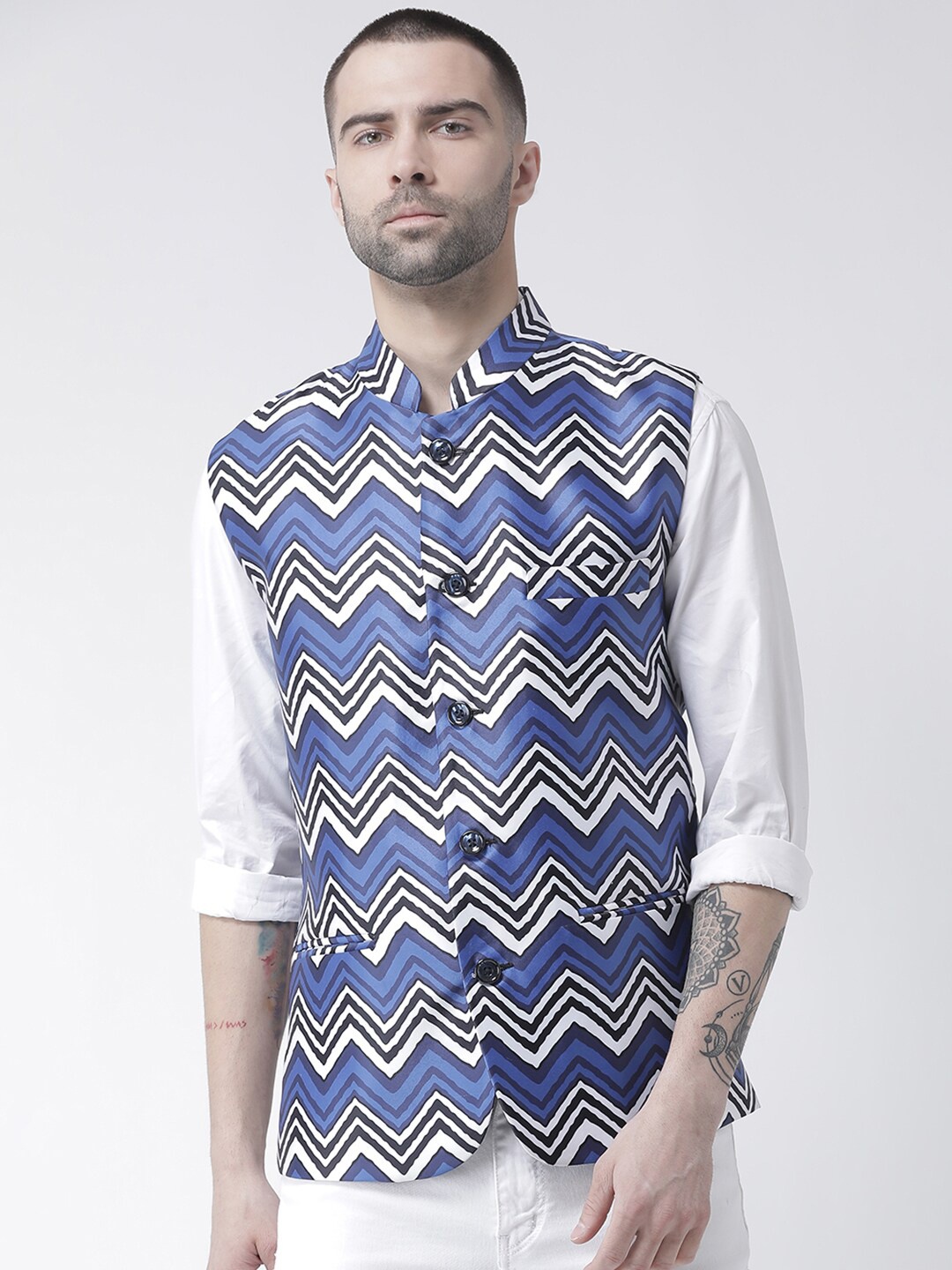

Hangup Men Printed Nehru Jacket, Blue