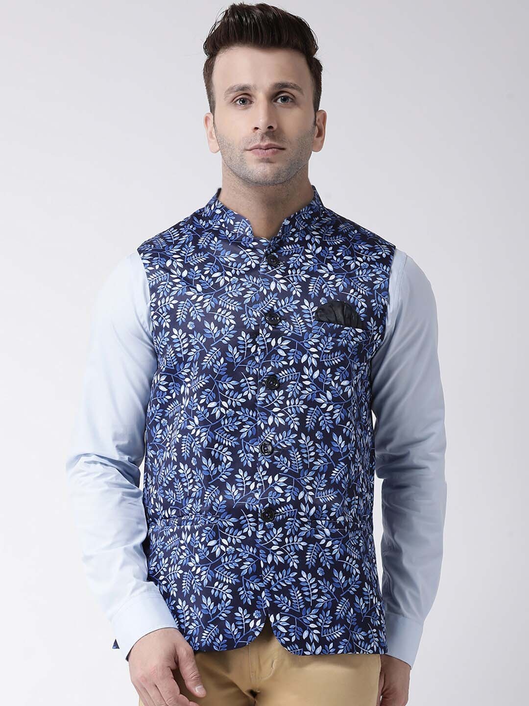 

Hangup Men Floral Printed Nehru Jacket, Blue