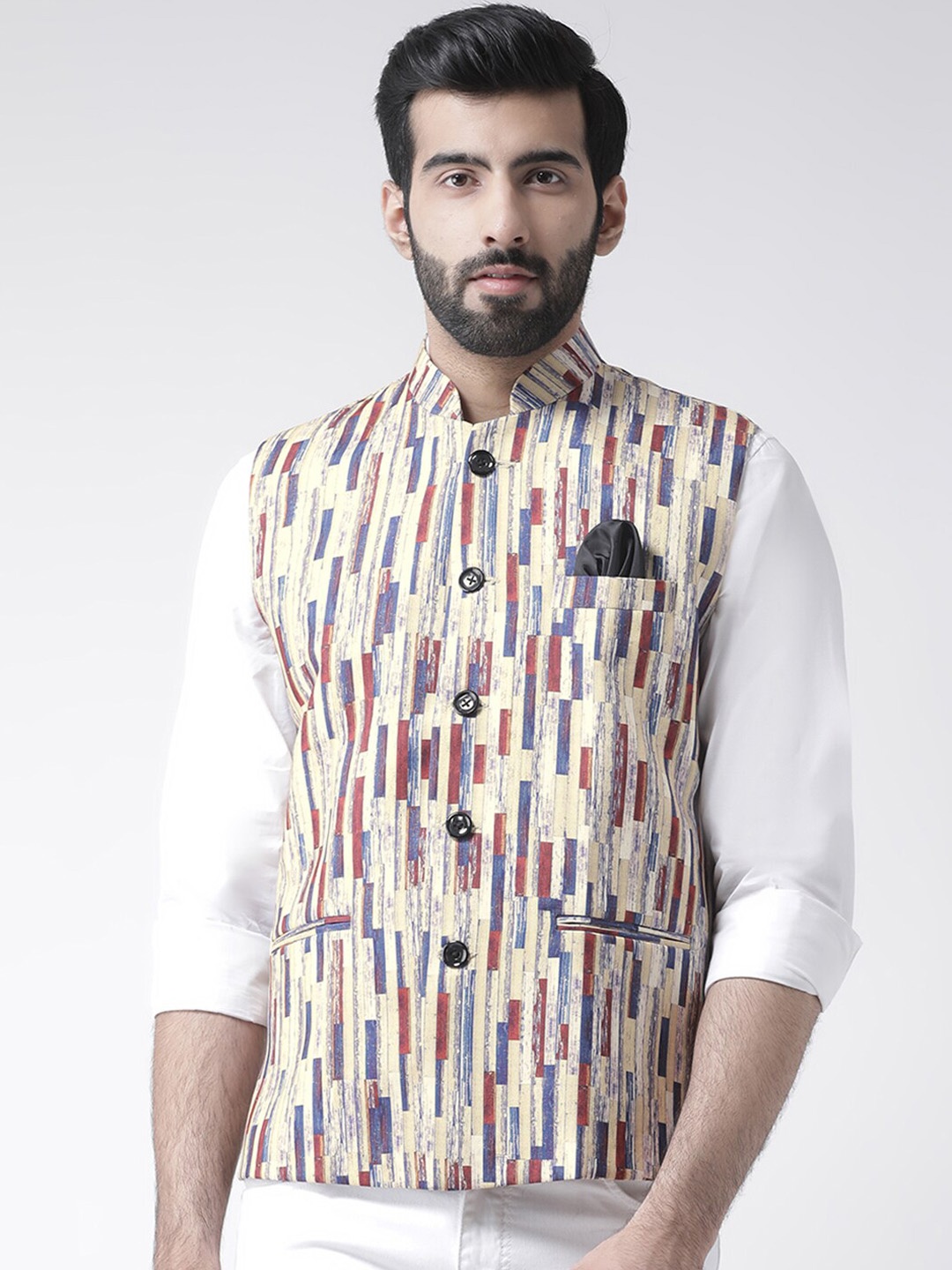 

Hangup Men Printed Woven Nehru Jacket, Cream