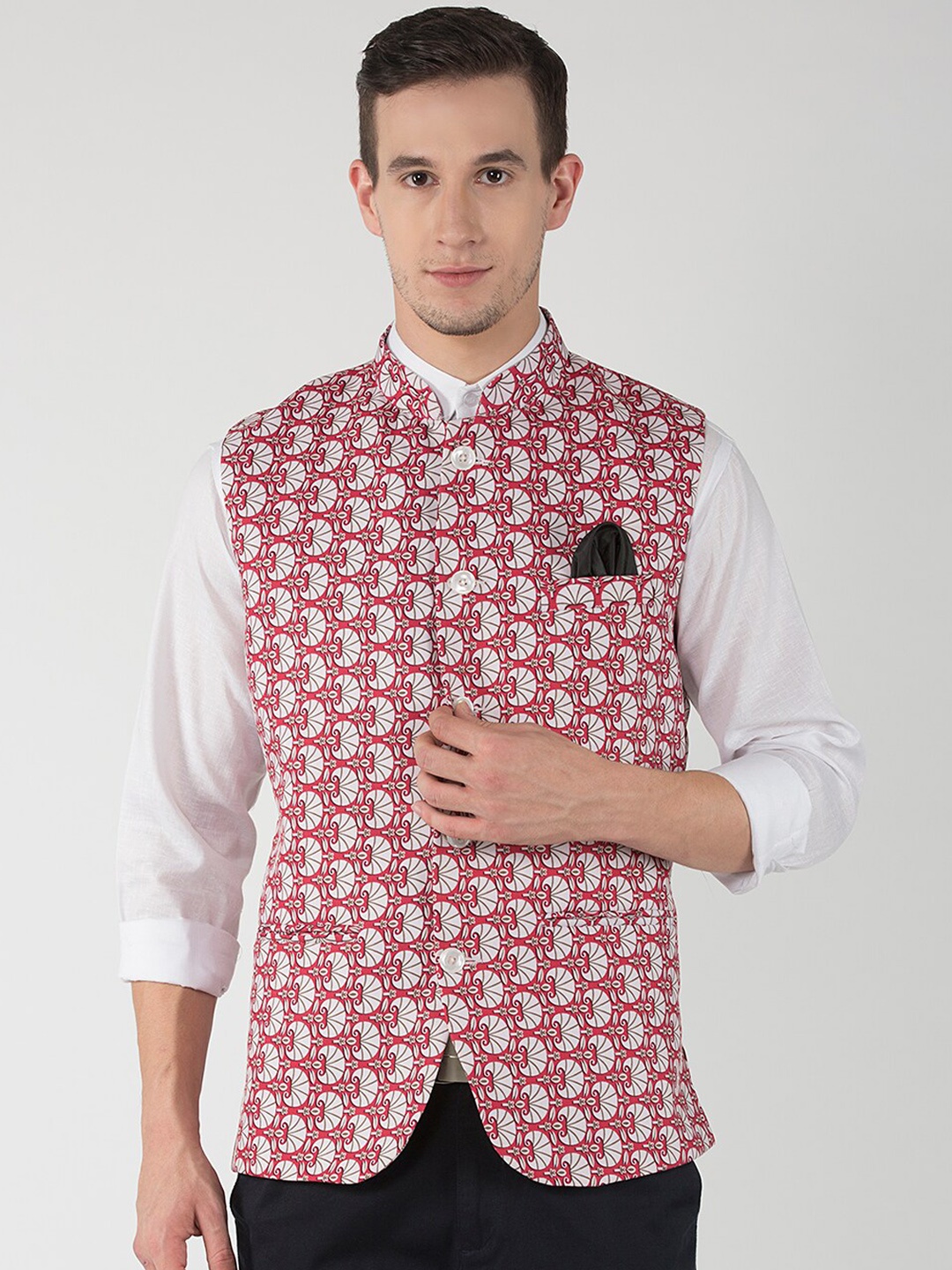 

Hangup Men Printed Woven Nehru Jacket, Red