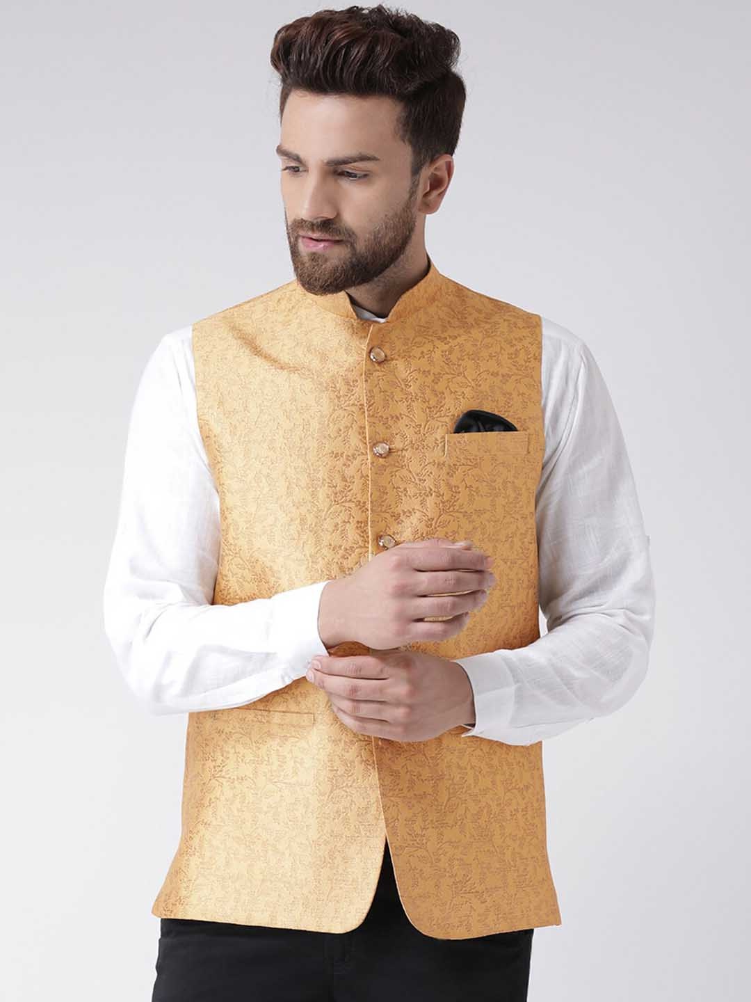 

Hangup Men Printed Woven Nehru Jackets, Yellow
