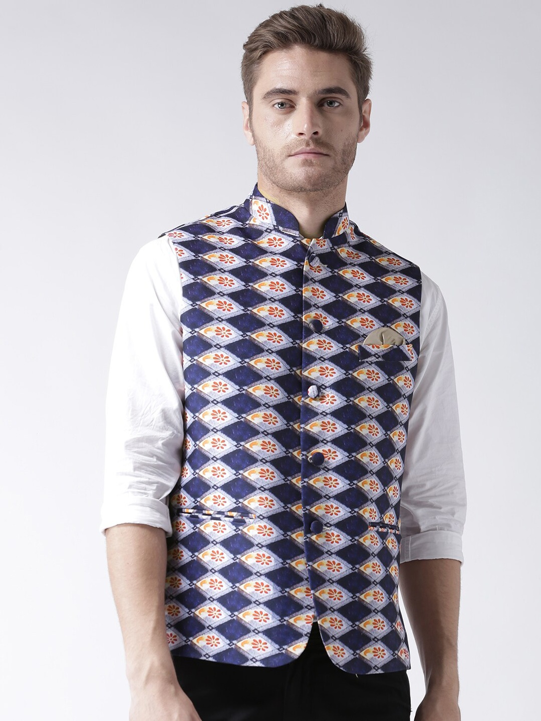 

Hangup Men Printed Woven Nehru Jacket, Blue