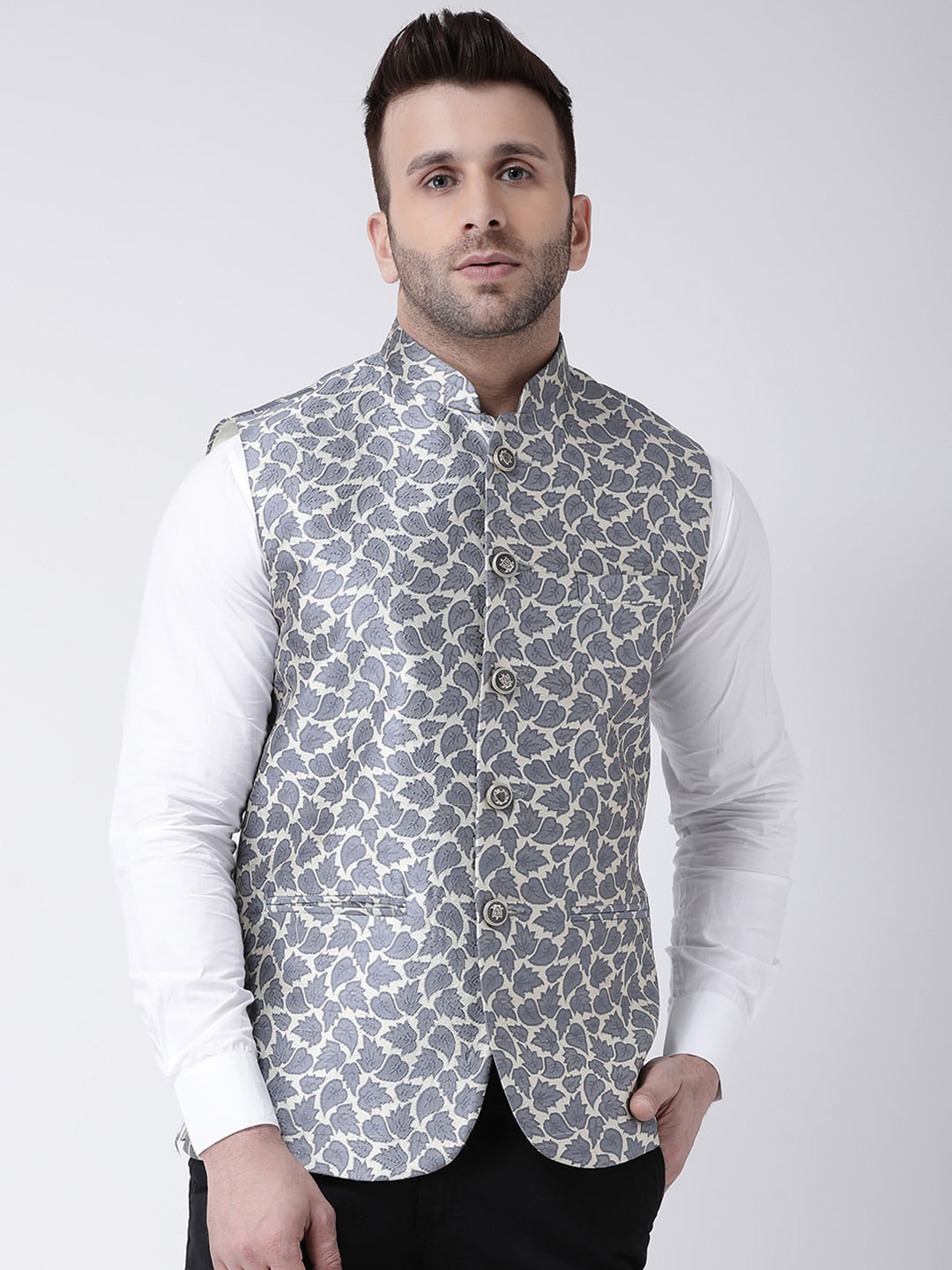 

Hangup Men Printed Woven Nehru Jacket, Grey