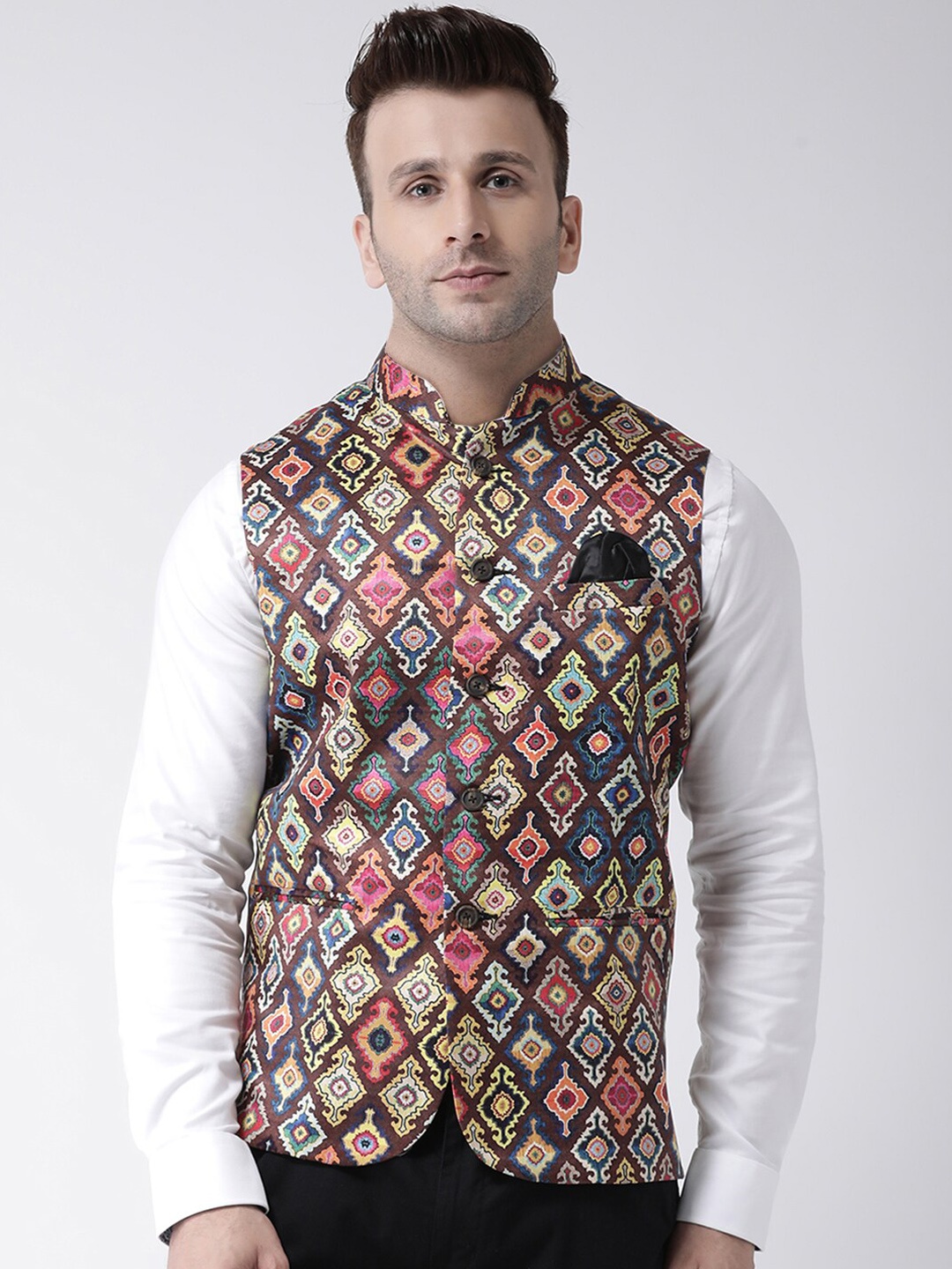 

Hangup Men Printed Nehru Jacket, Brown