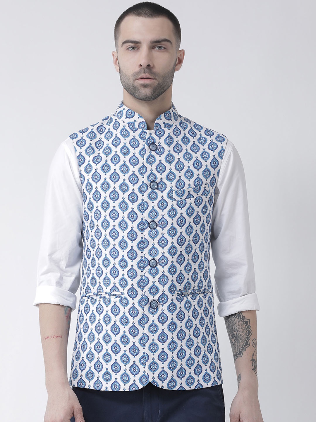 

Hangup Men Printed Nehru Jacket, Blue