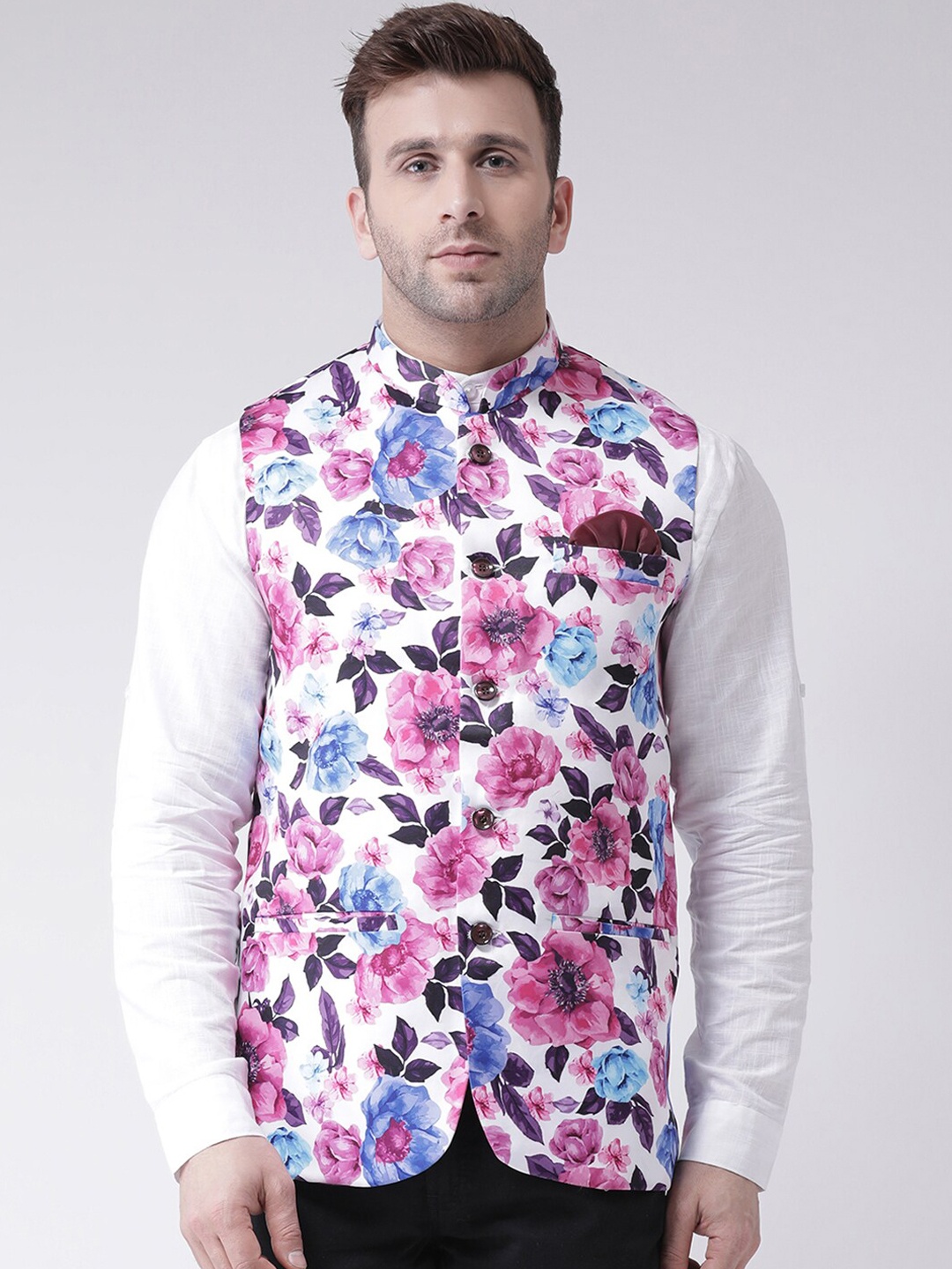 

Hangup Men Floral Printed Nehru Jacket, Pink