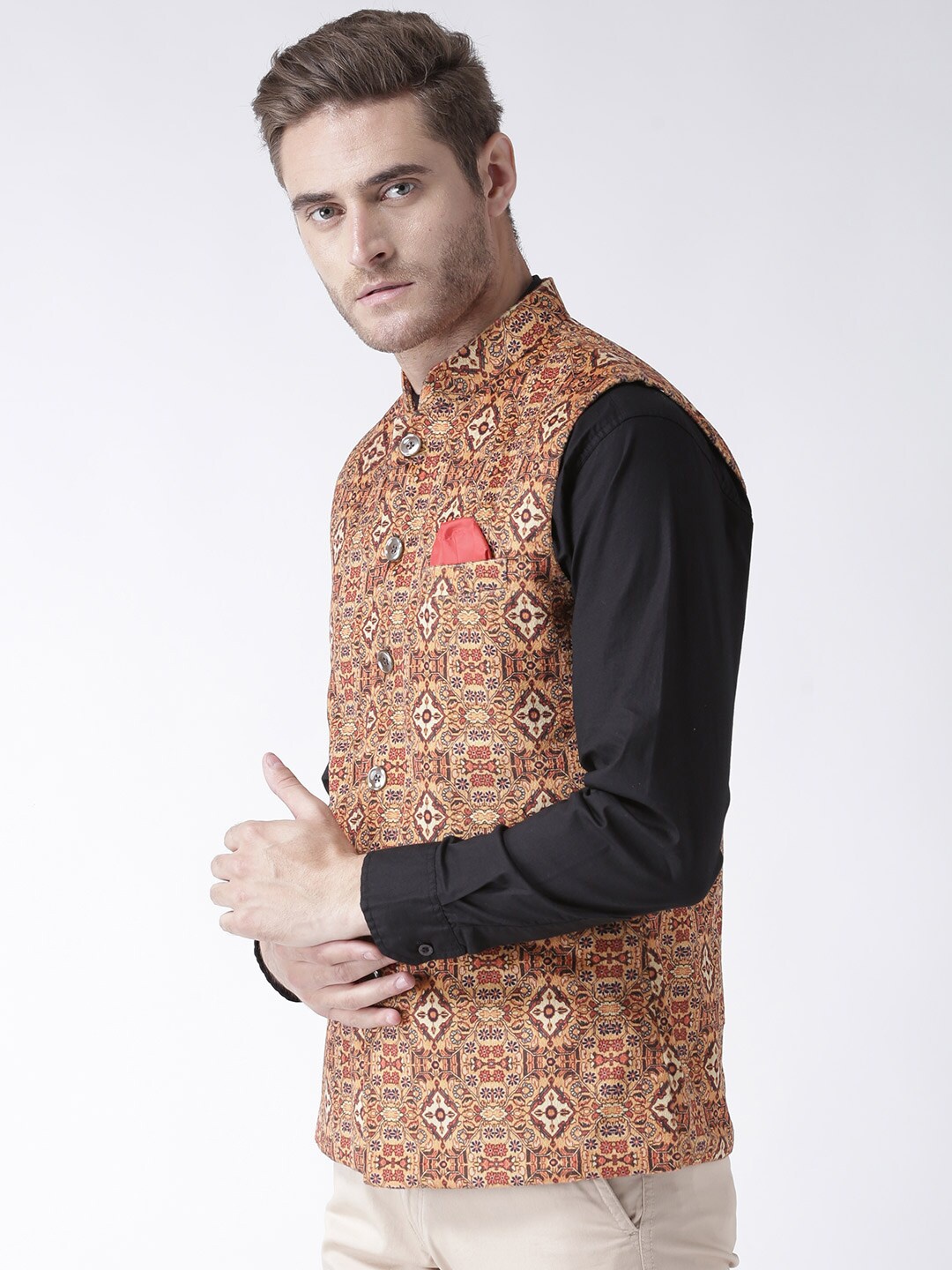 

Hangup Men Printed Woven Nehru Jacket, Beige