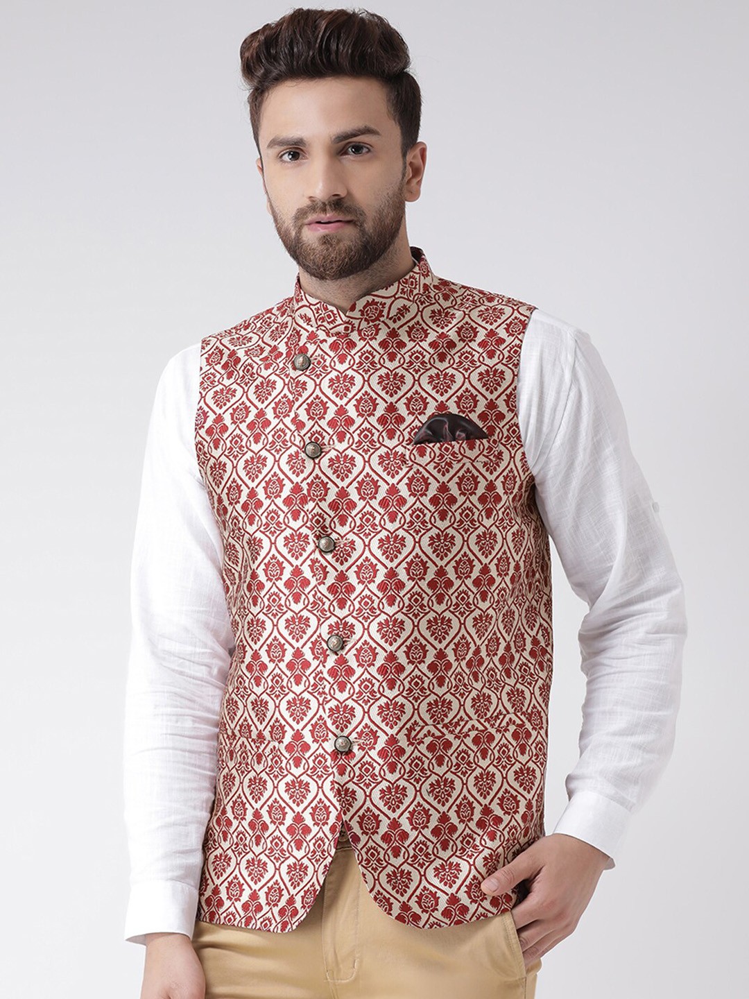 

Hangup Men Woven Jacquard Design Nehru Jacket, Cream