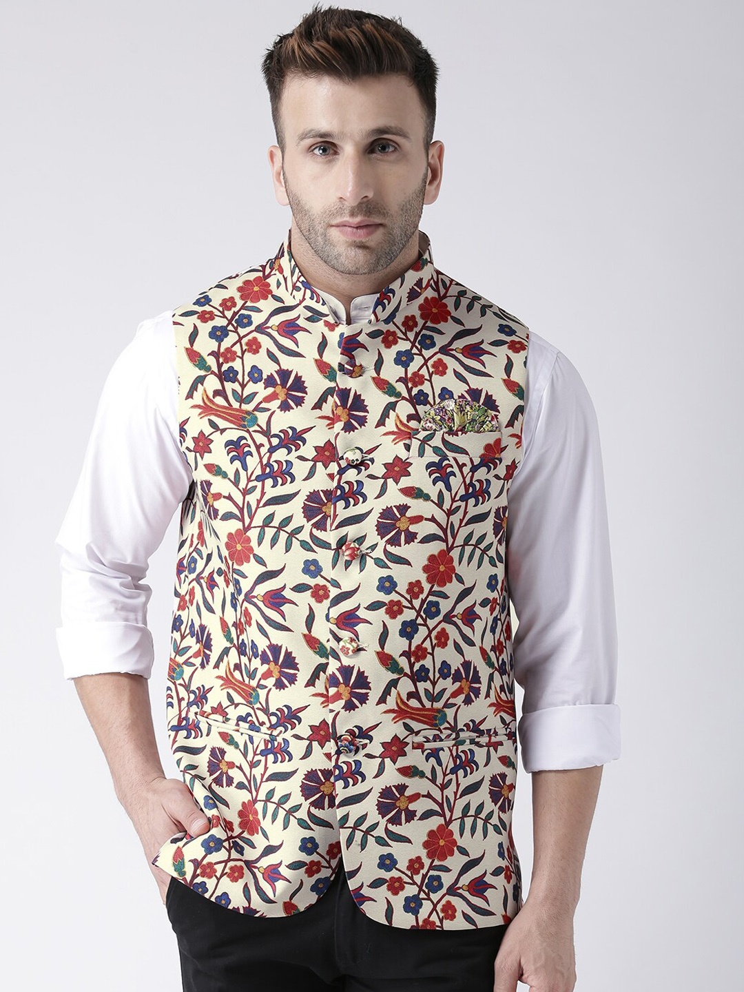 

hangup plus Men Printed Woven Nehru Jacket, Cream