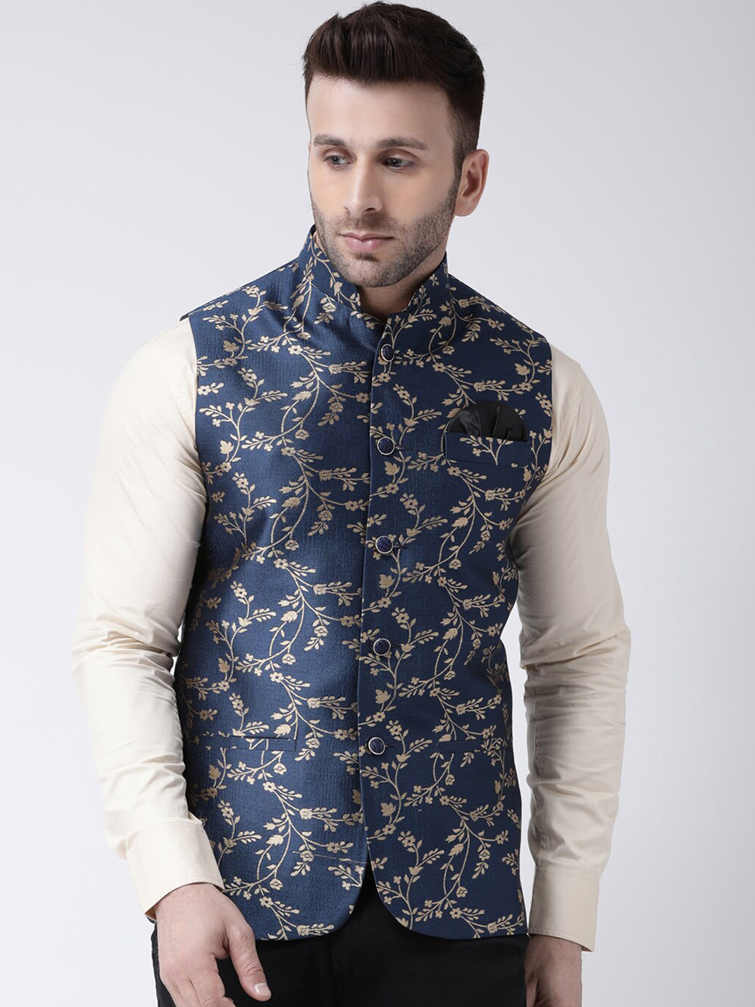 

Hangup Men Printed Woven Nehru Jacket, Blue