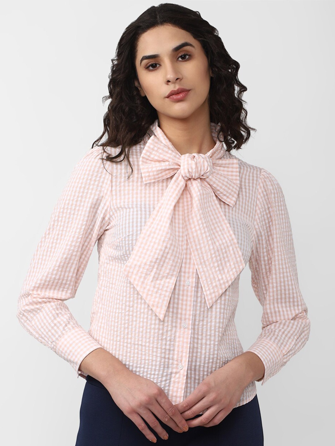 

Van Heusen Tie-Up Collar Gingham Checked Casual Cotton Shirt, Peach