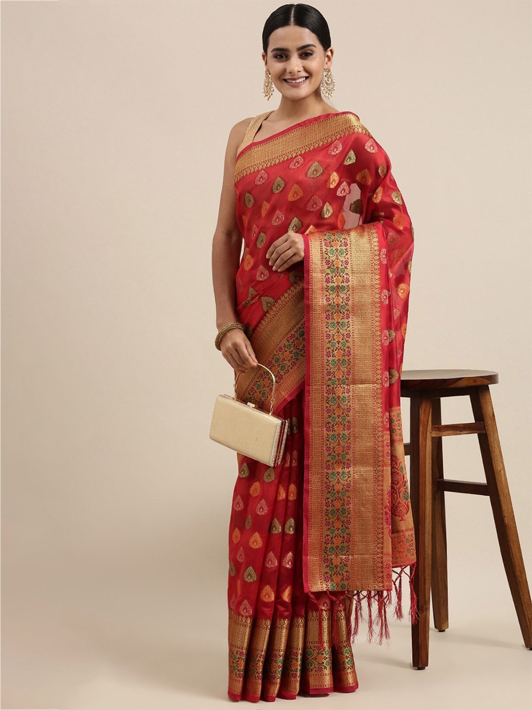

GAJARAI Ethnic Motifs Zari Silk Cotton Kanjeevaram Saree, Red