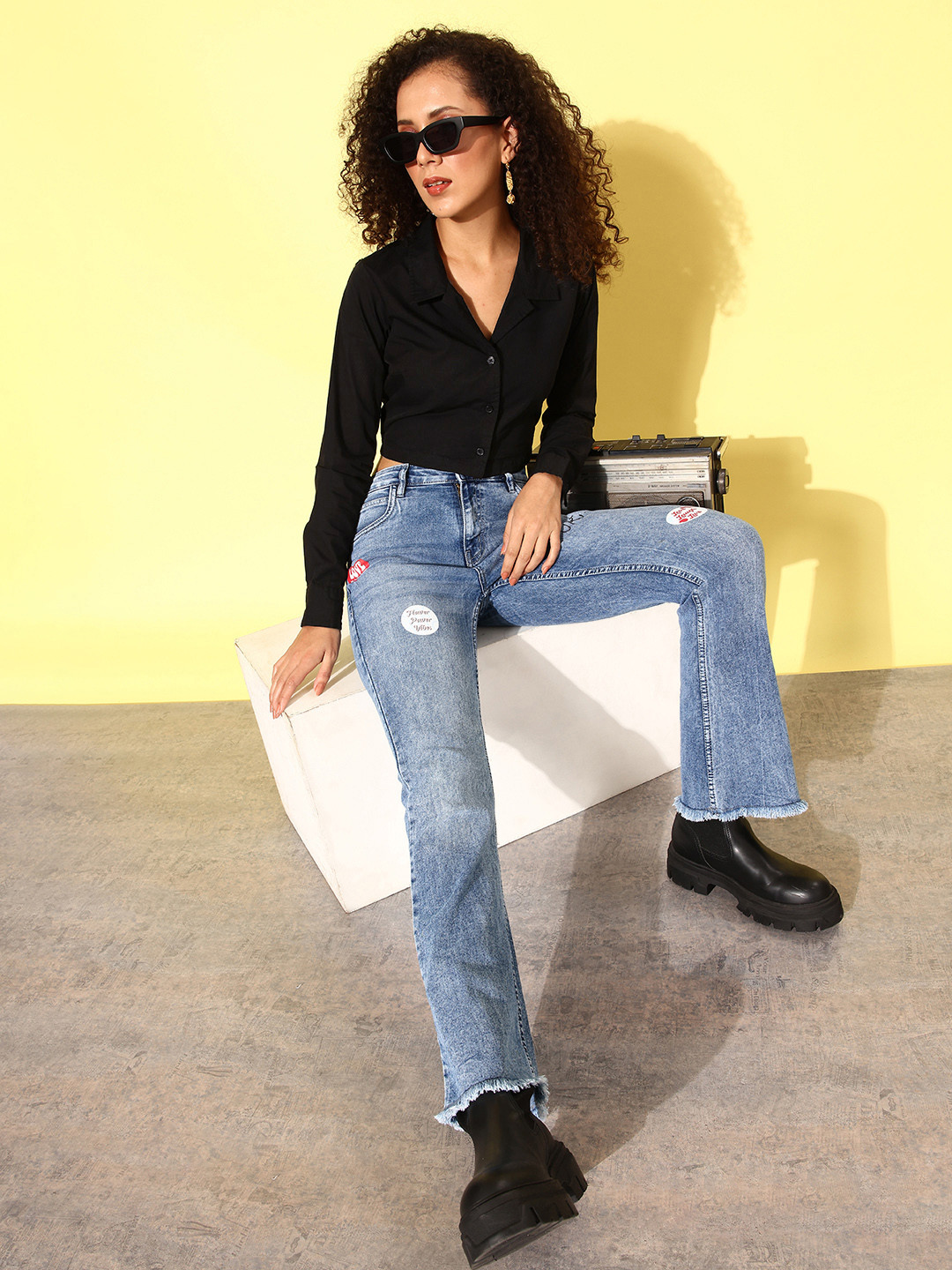 

Kook N Keech Women Pure Cotton Solid Casual 90's Hollaback Laced Up Backs Crop Shirt, Black