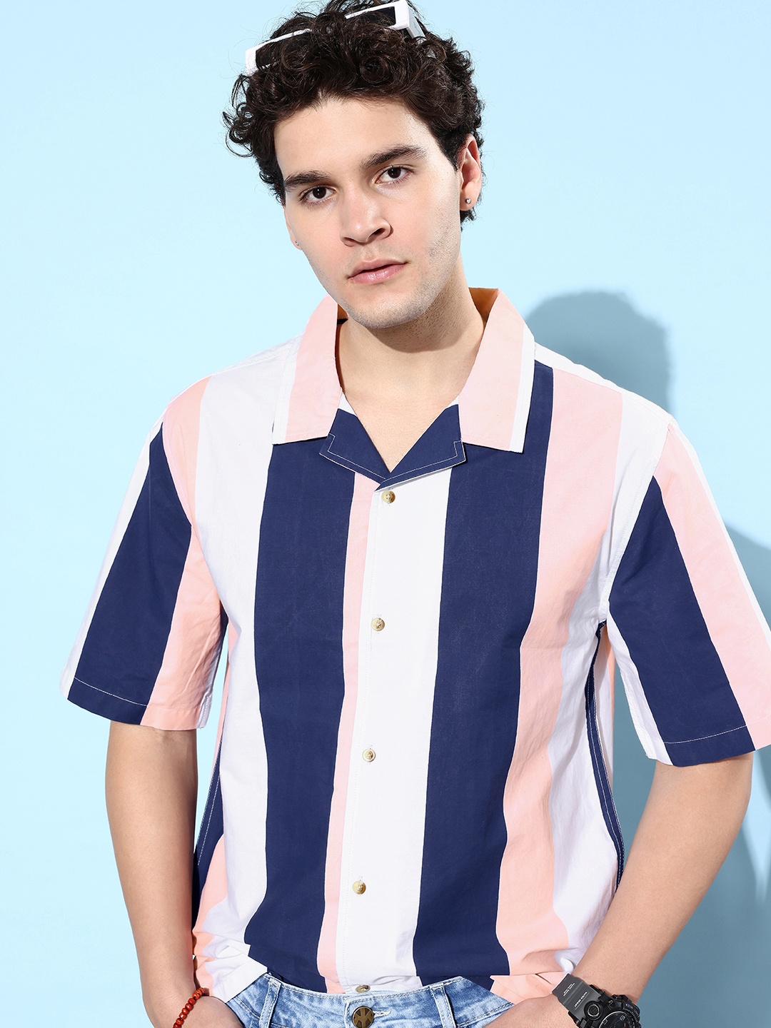 

Kook N Keech Navy Blue Pure Cotton Nostalgic Back to School Retro Streaks Shirt