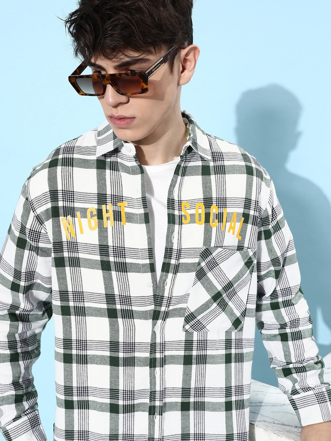 

Kook N Keech Typography Printed Checked Pure Cotton Casual Oversized Shirt, Green