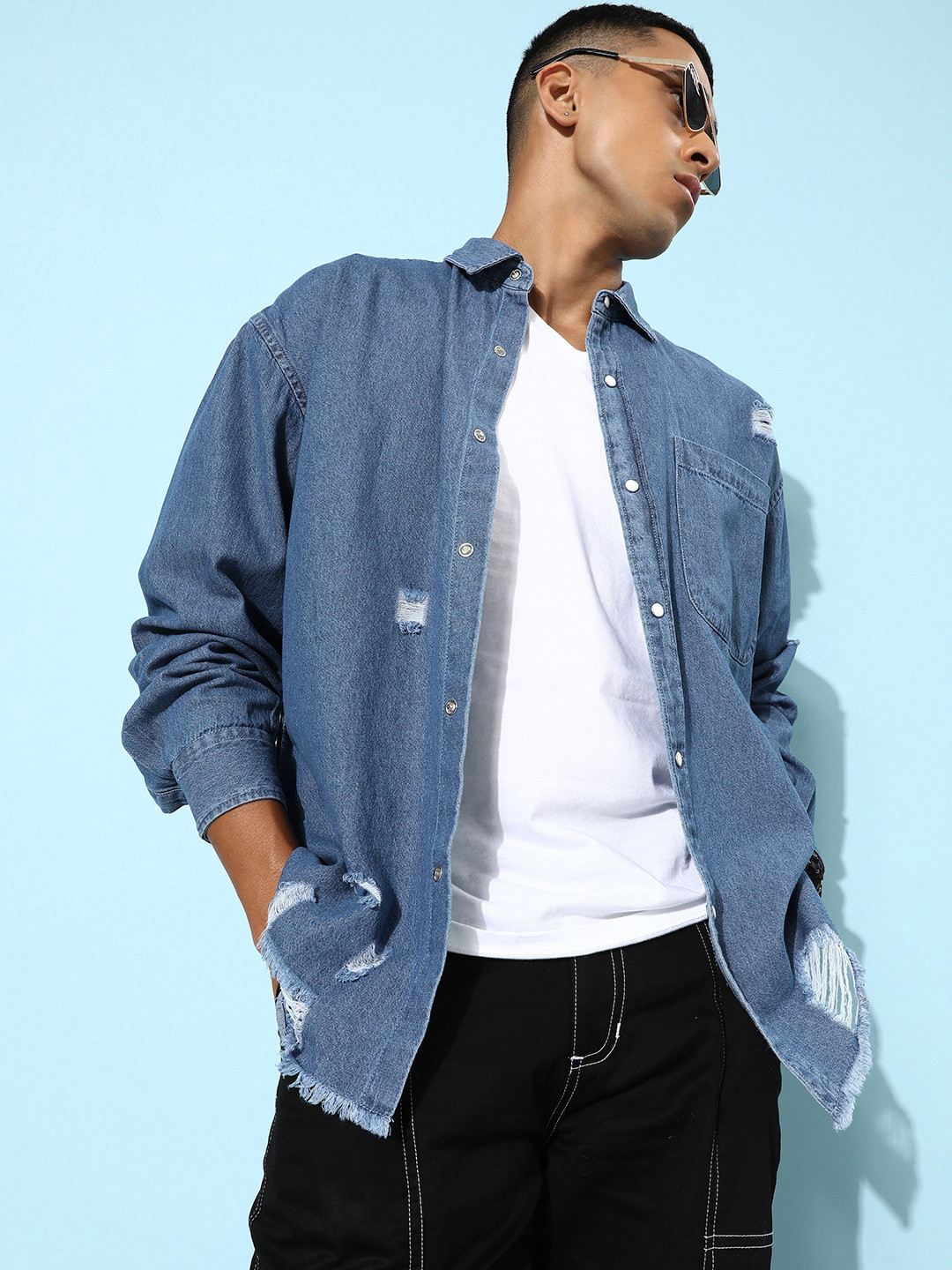 

Kook N Keech Men Beryl Blue Faded & Distressed Cotton Back Street Boys The Denim Shirt
