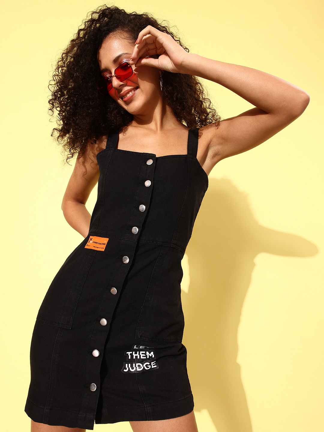 

Kook N Keech Inky Black Romance Ramble Pinafore Dressing Printed Denim Sheath Mini Dress