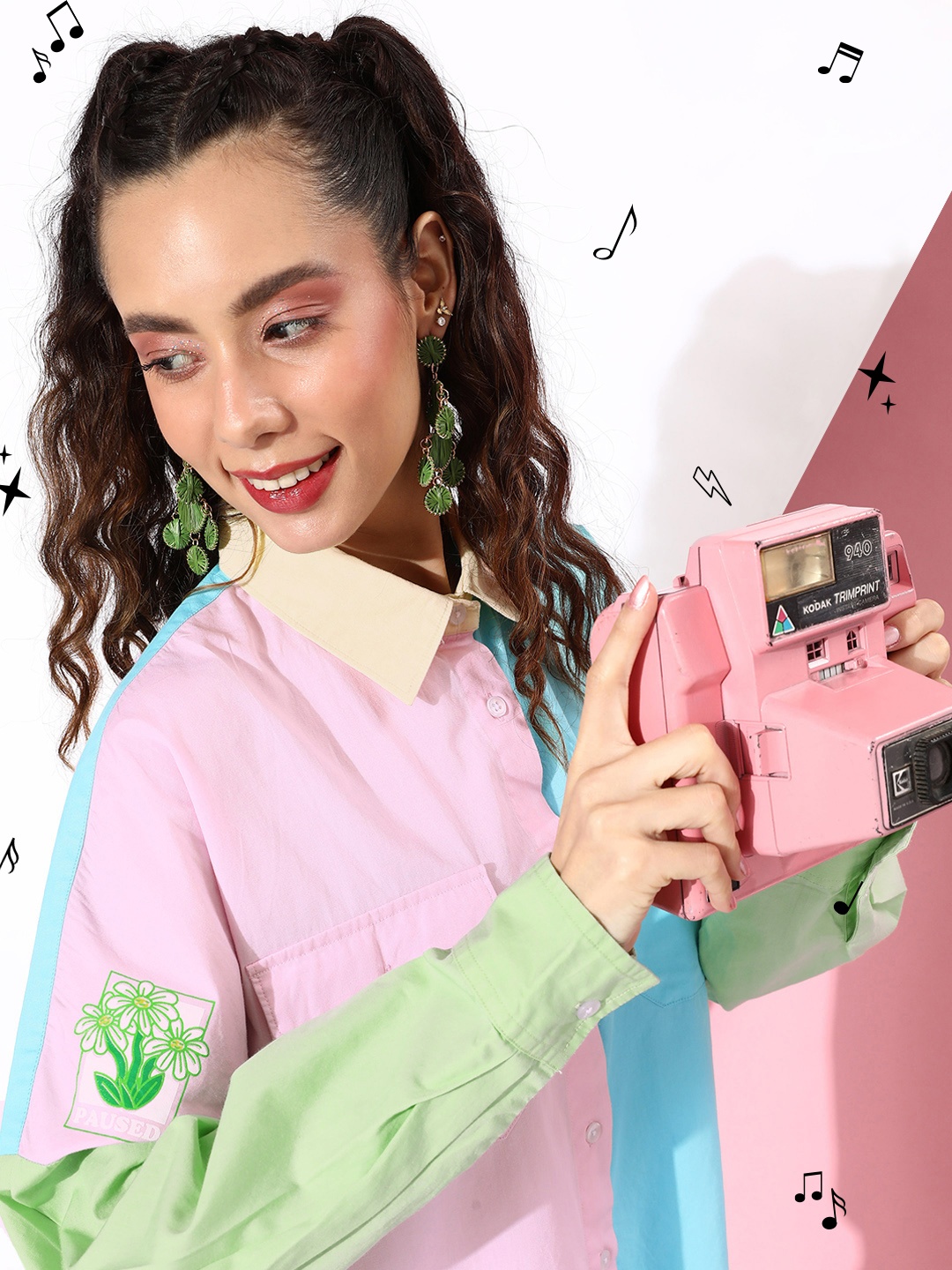 

Kook N Keech Pretty Pink Pure Cotton Colourblocked Oversized Casual Shirt