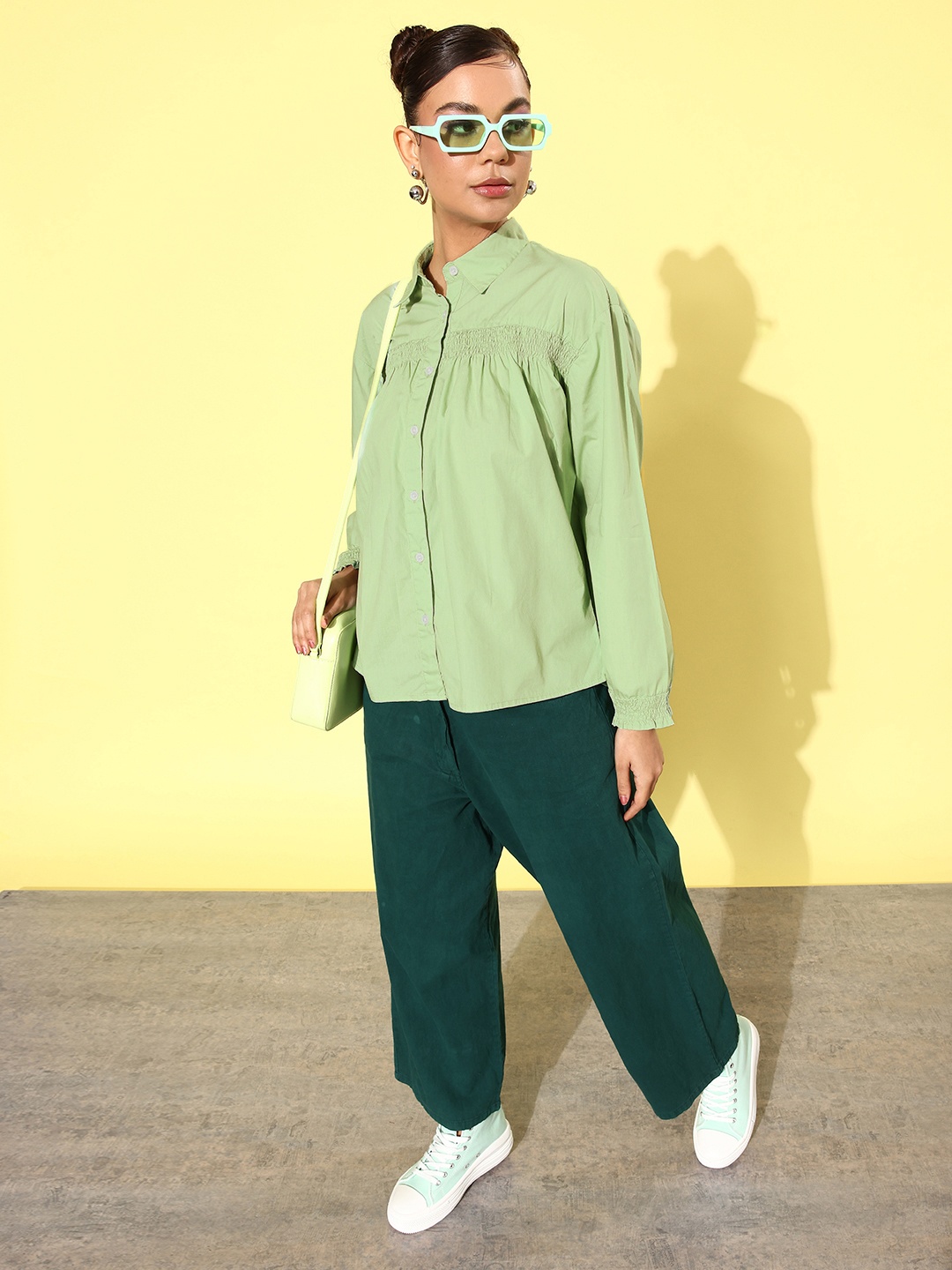 

Kook N Keech Women Smoky Green Pure Cotton Opaque Casual Shirt With Gathered Detailing