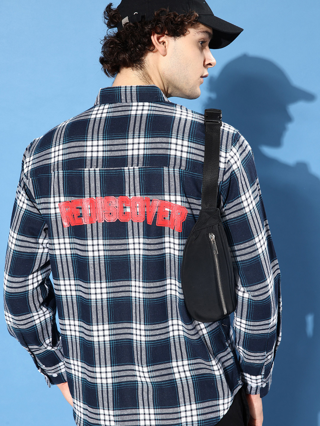 

Kook N Keech Pure Cotton Checked Typography Printed Oversized Fit Casual Shirt, Navy blue