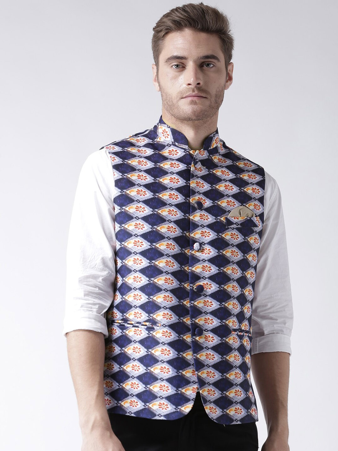 

hangup trend Men Printed Woven Mandrian Collar Nehru Jacket, Blue