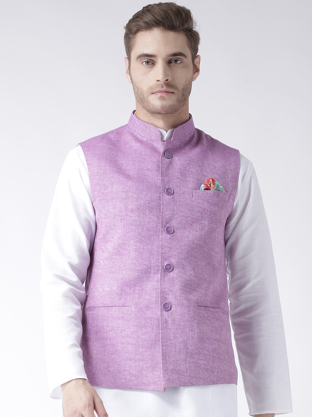 

hangup trend Men Cotton Linen Woven Nehru Jacket, Purple