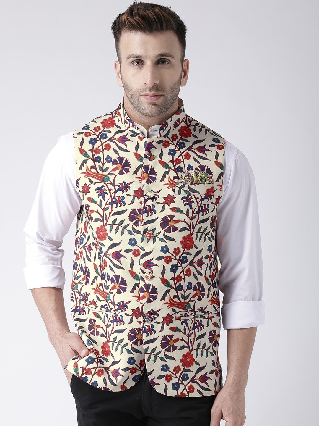 

hangup trend Men Printed Woven Nehru Jacket, Cream