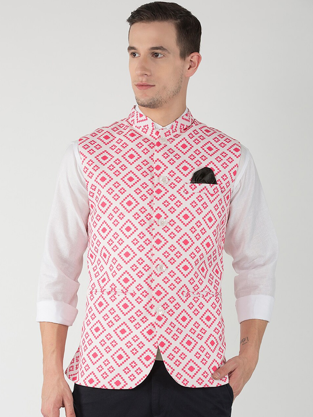 

hangup trend Men Printed Woven Nehru Jacket, White