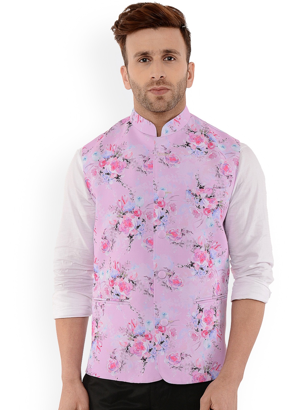 

hangup trend Men Floral Printed Woven Nehru Jacket, Pink