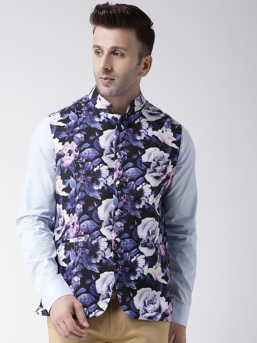 

hangup trend Men Floral Printed Nehru Jacket, Black