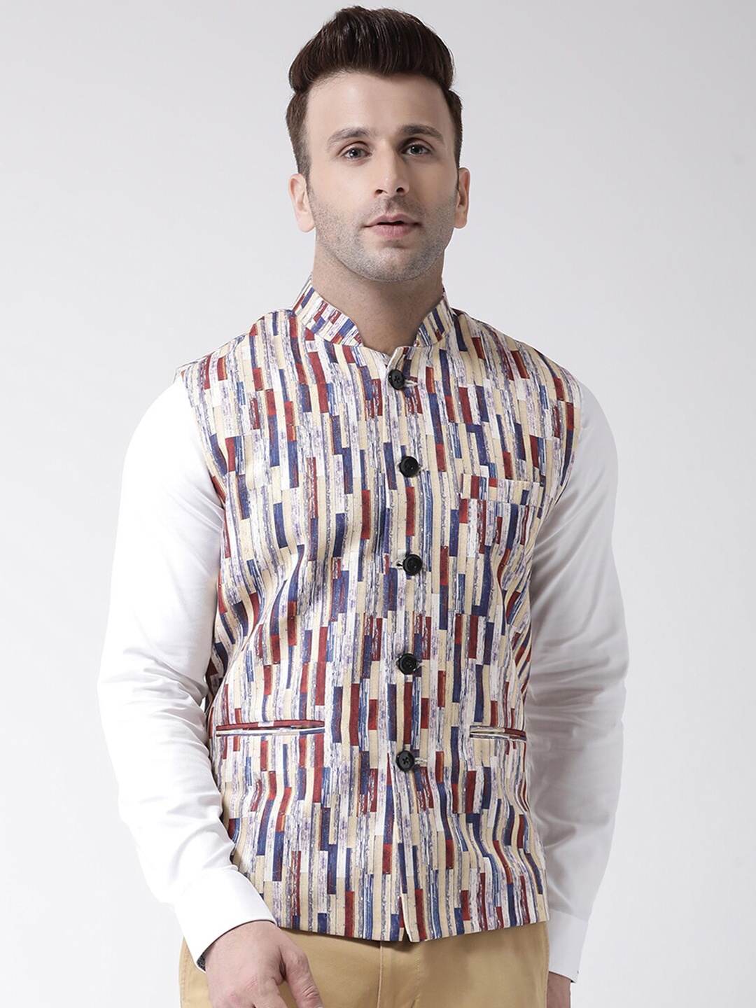 

hangup trend Men Printed Woven Nehru Jacket, Beige