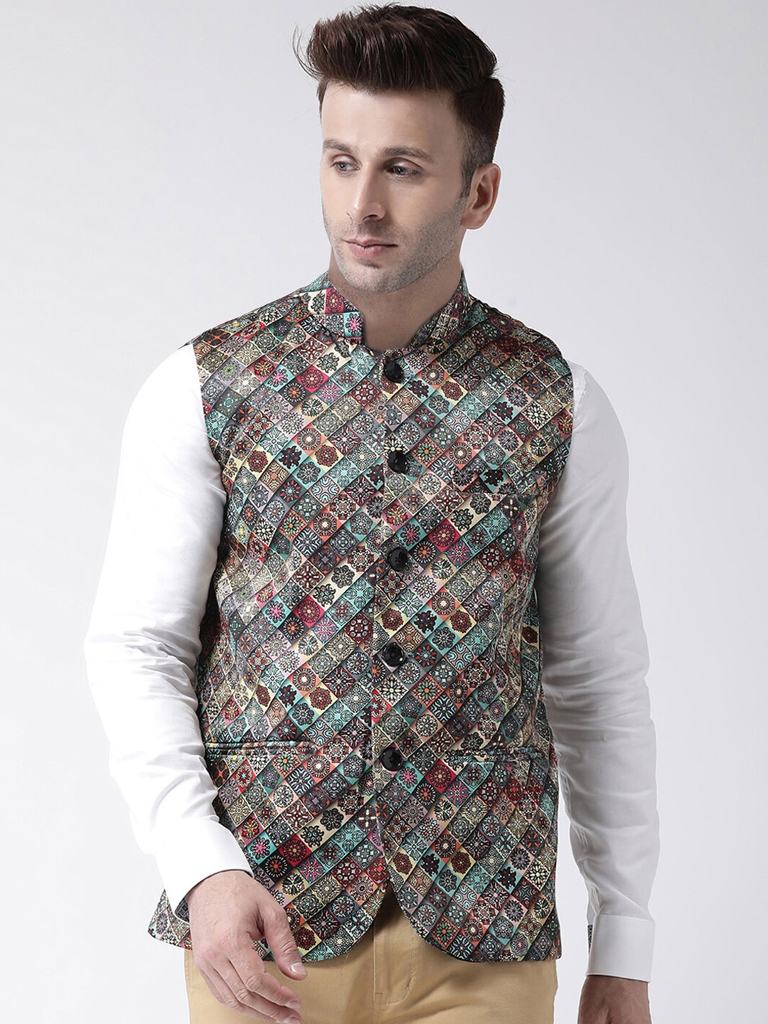 

hangup trend Men Printed Sleeveless Nehru Jacket, Green