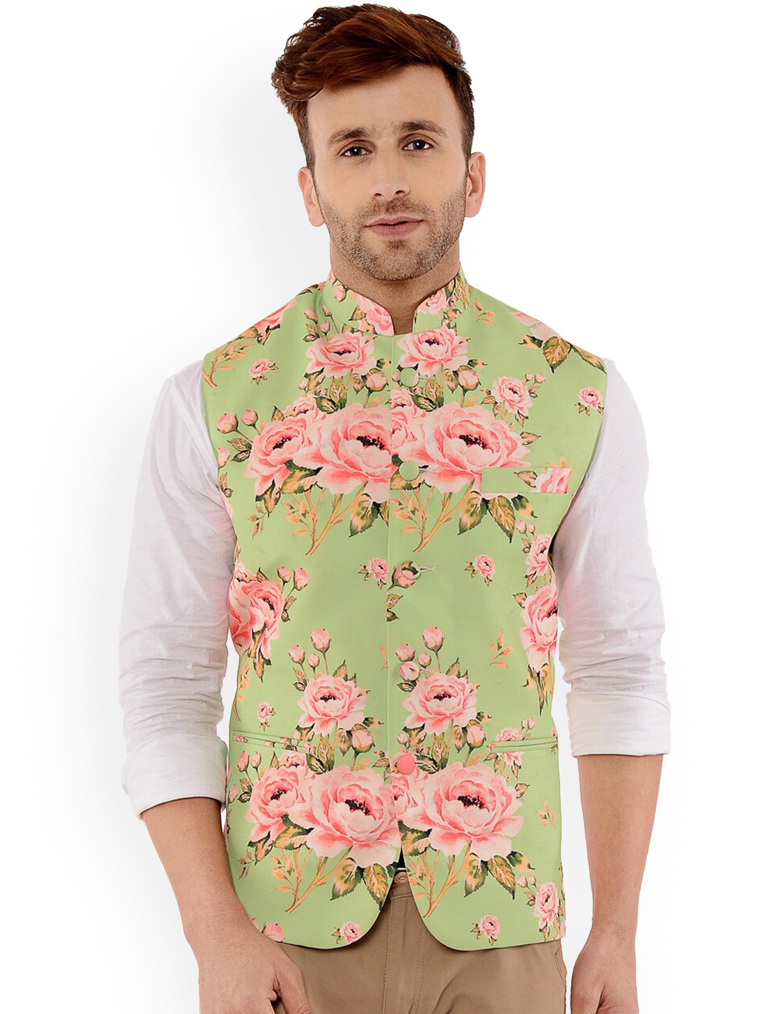 

hangup trend Men Printed Floral Woven Nehru Jackets, Green