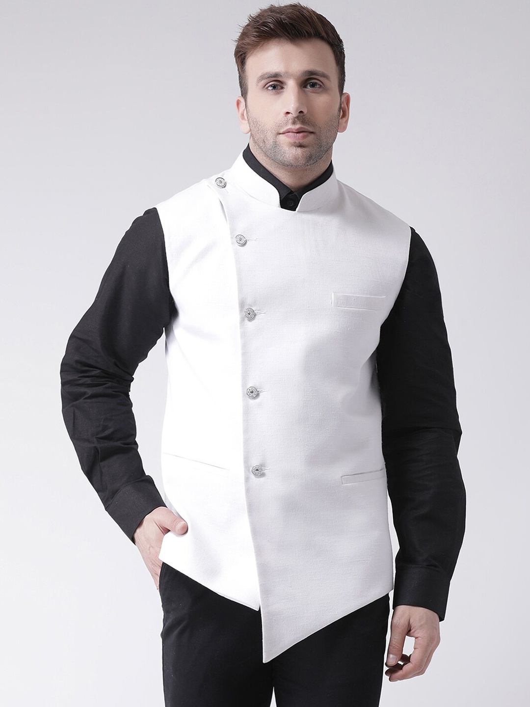 

hangup trend Men Woven Mandrian Collar Nehru Jacket, White