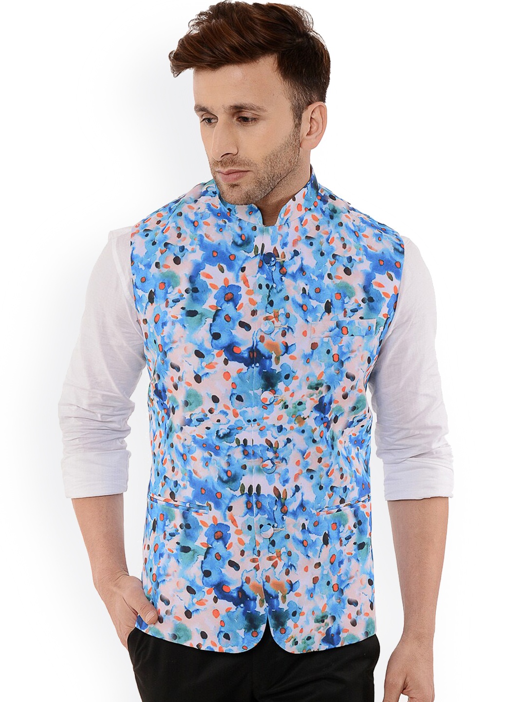 

hangup trend Men Printed Woven Nehru Jacket, Blue