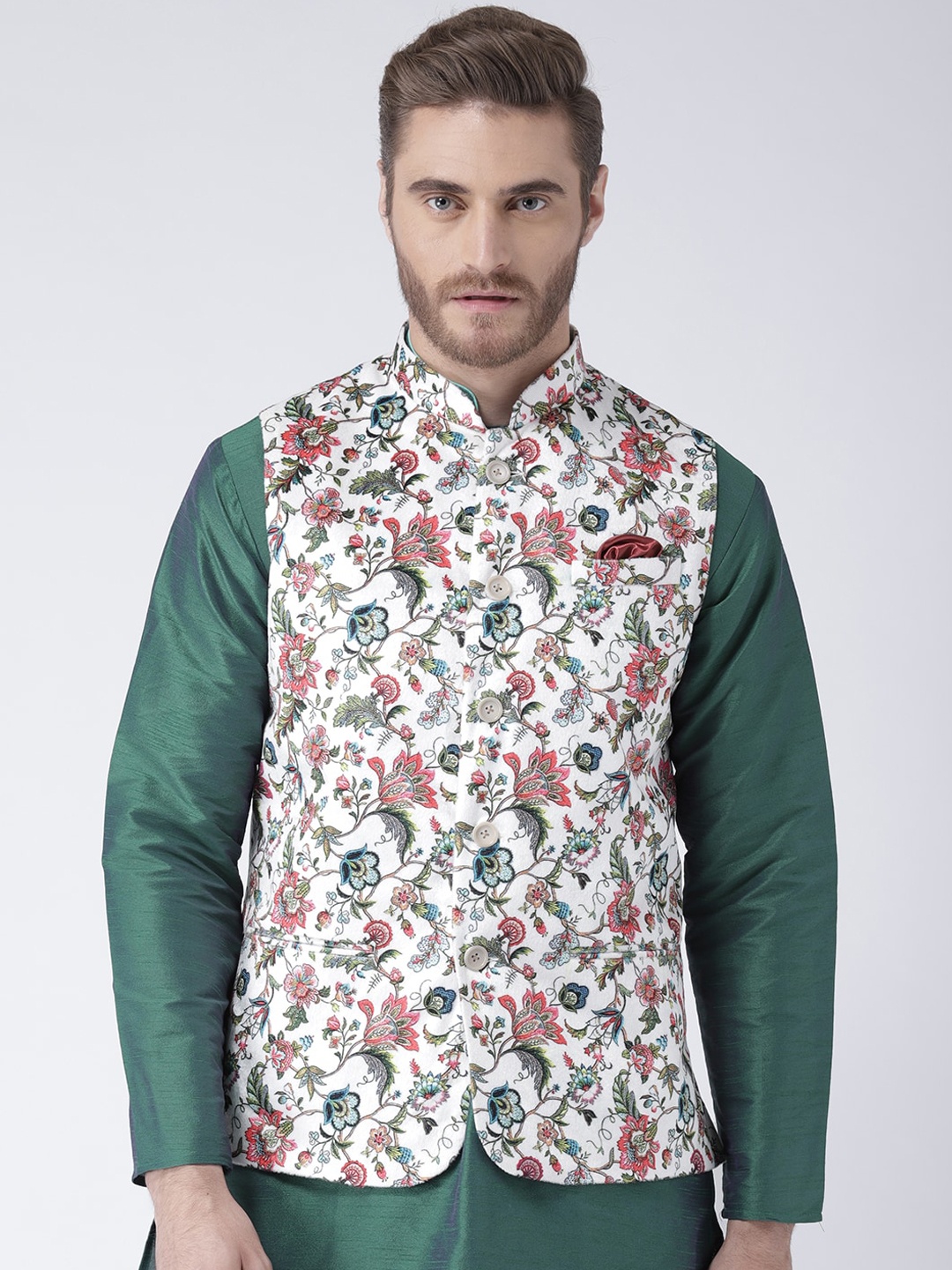 

hangup trend Men Floral Printed Mandarin Collar Nehru Jacket, White