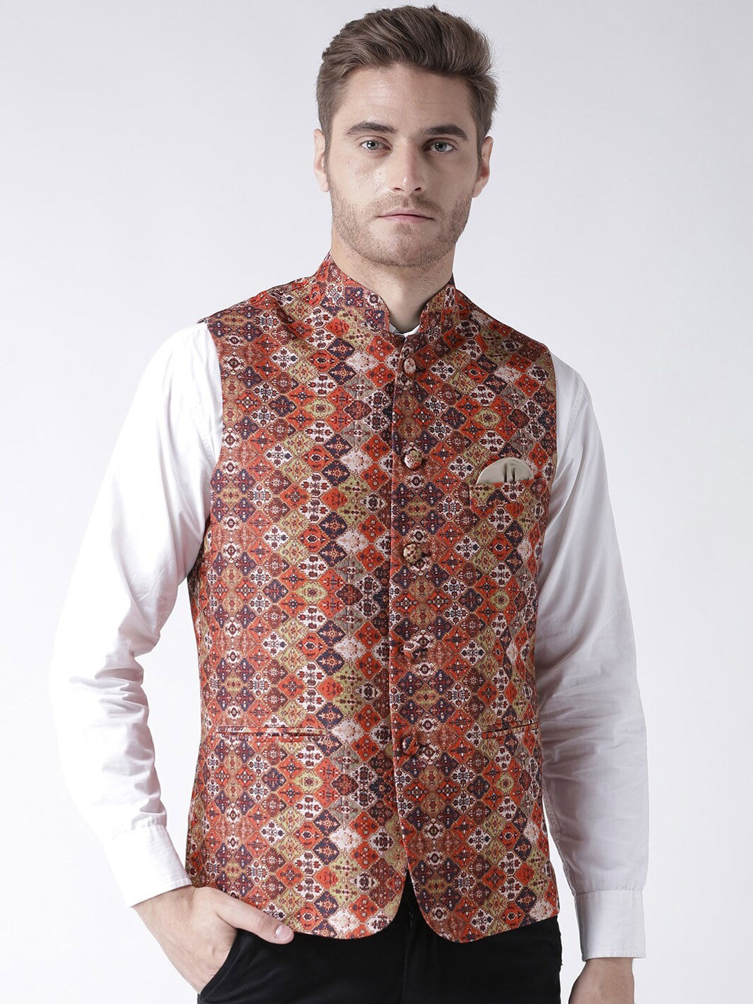 

hangup trend Men Printed Woven Nehru Jacket, Orange
