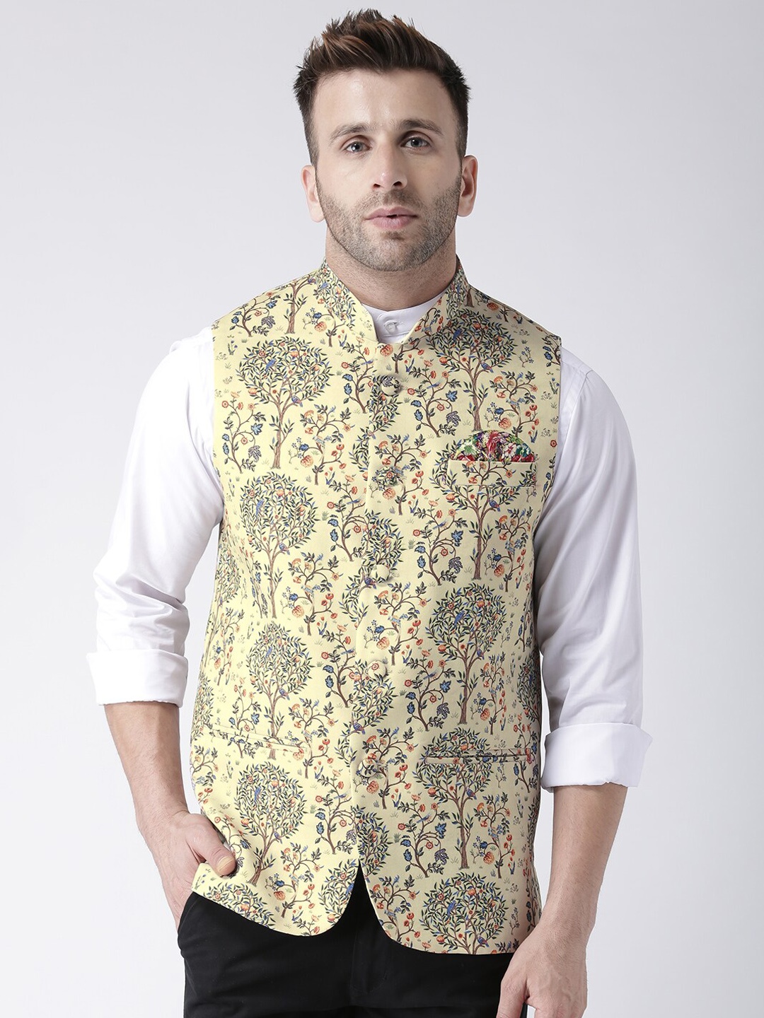 

hangup trend Men Printed Woven Nehru Jacket, Yellow