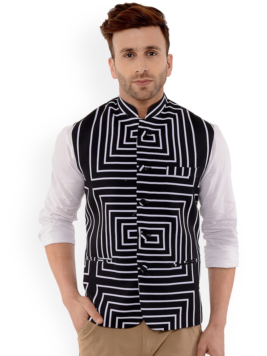 

hangup trend Men Printed Woven Nehru Jacket, Black