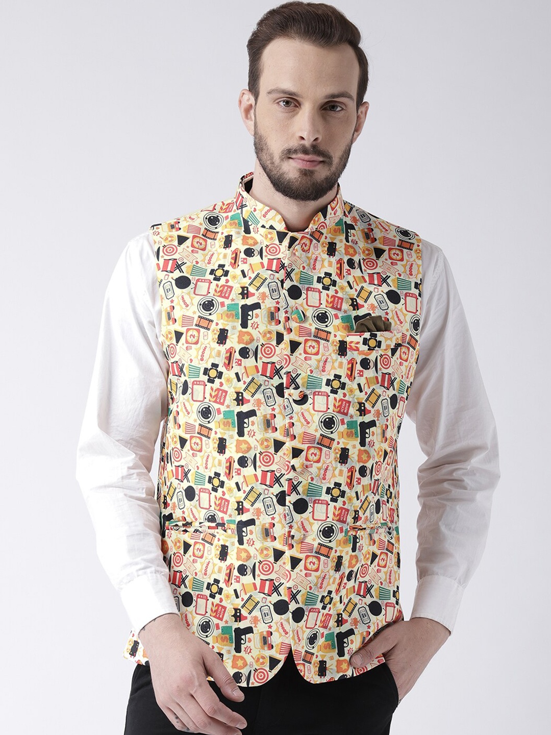 

hangup trend Men Printed Mandarin Collar Nehru Jackets, Yellow