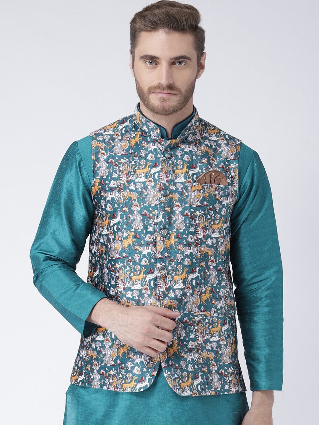 

hangup trend Men Printed Nehru Jacket, Teal