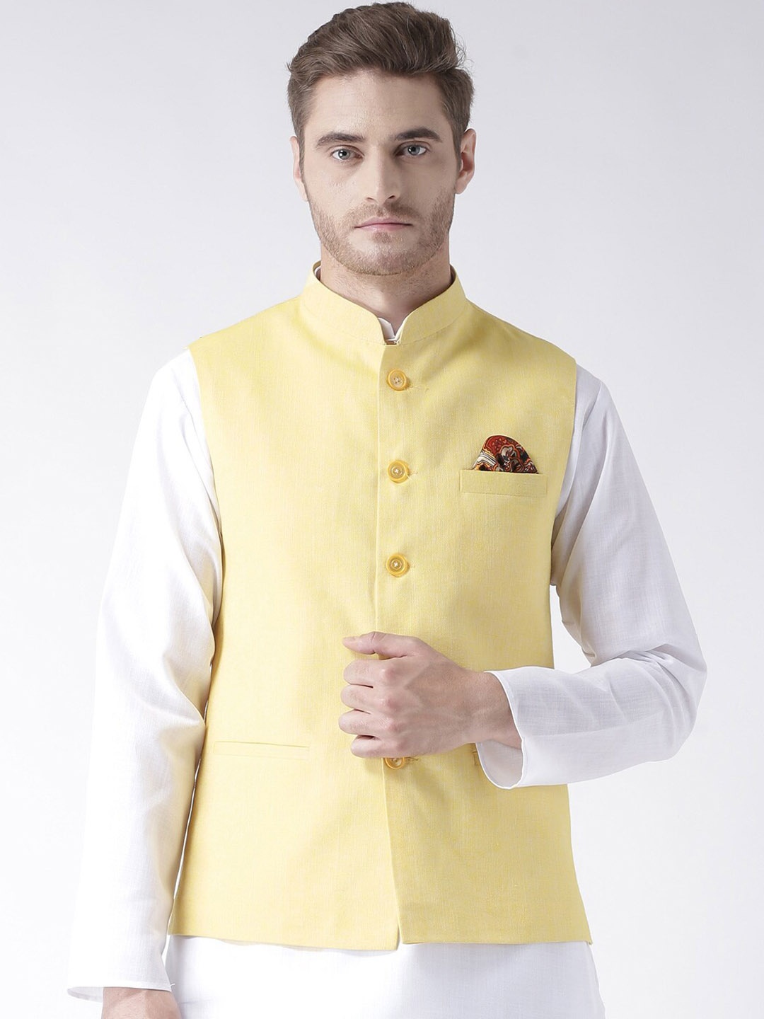 

hangup trend Men Woven Cotton Linen Nehru Jackets, Yellow