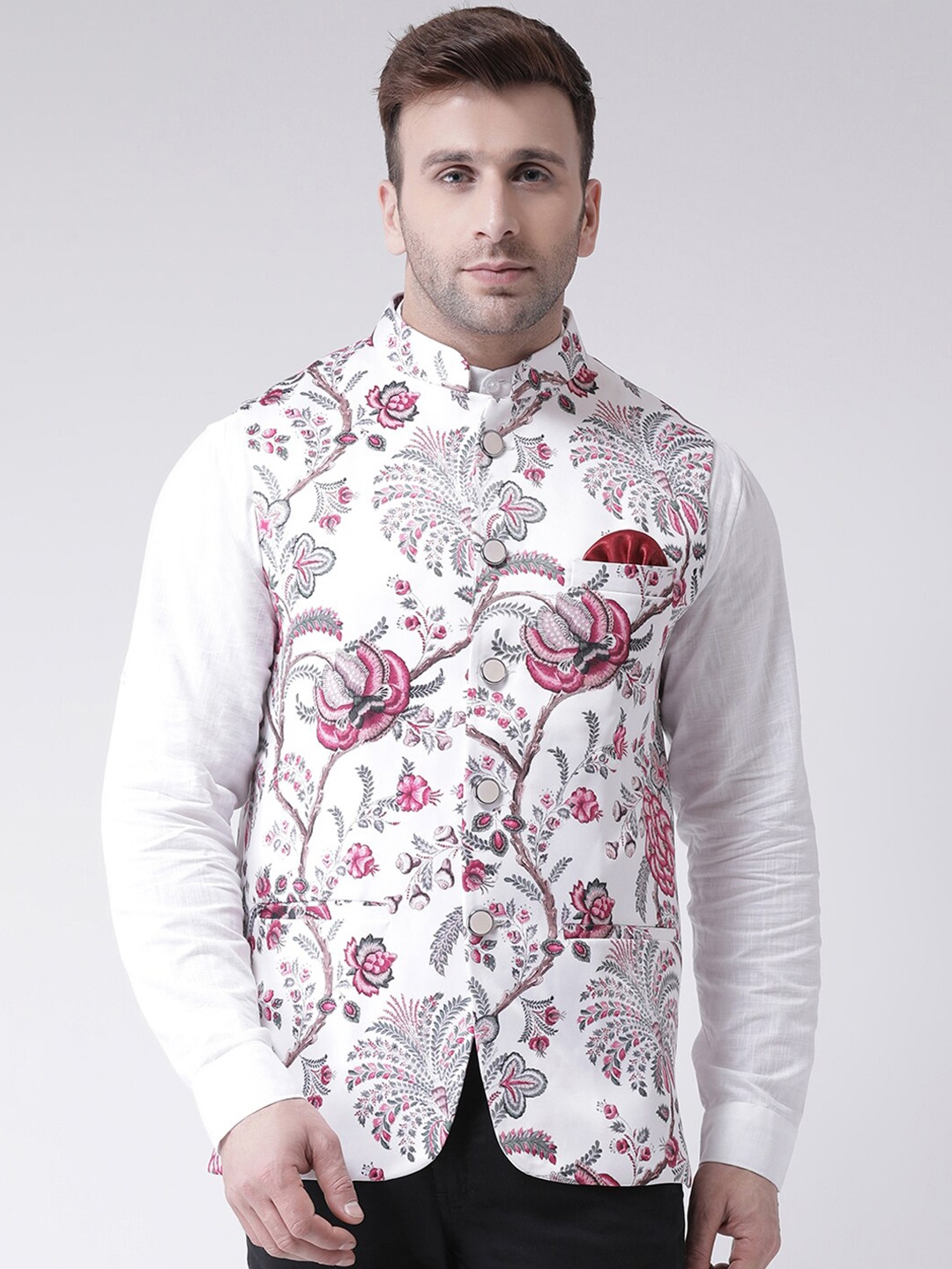 

hangup trend Men Floral Printed Woven Nehru Jacket, White