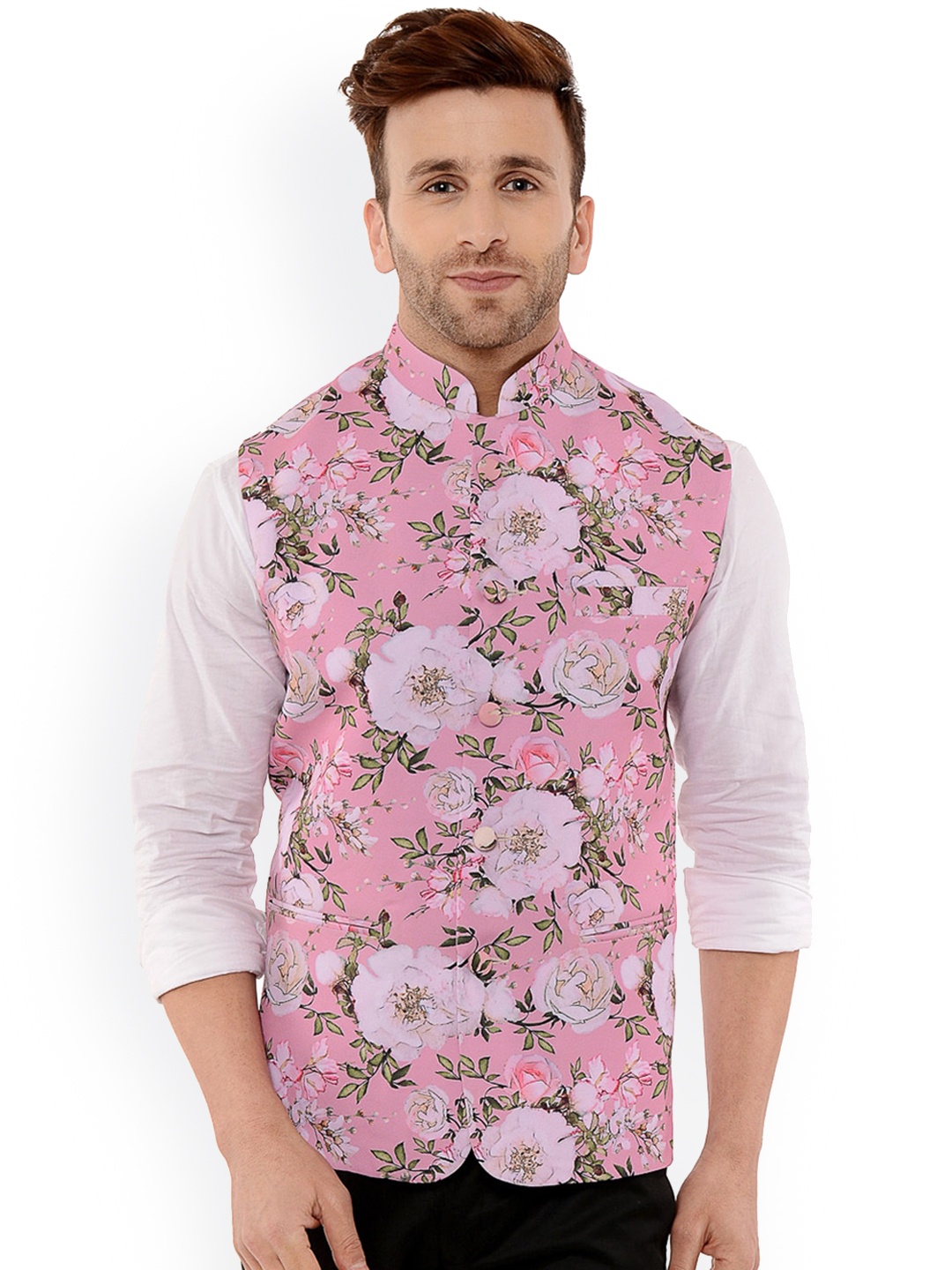 

hangup trend Men Floral-Printed Woven Nehru Jacket, Pink