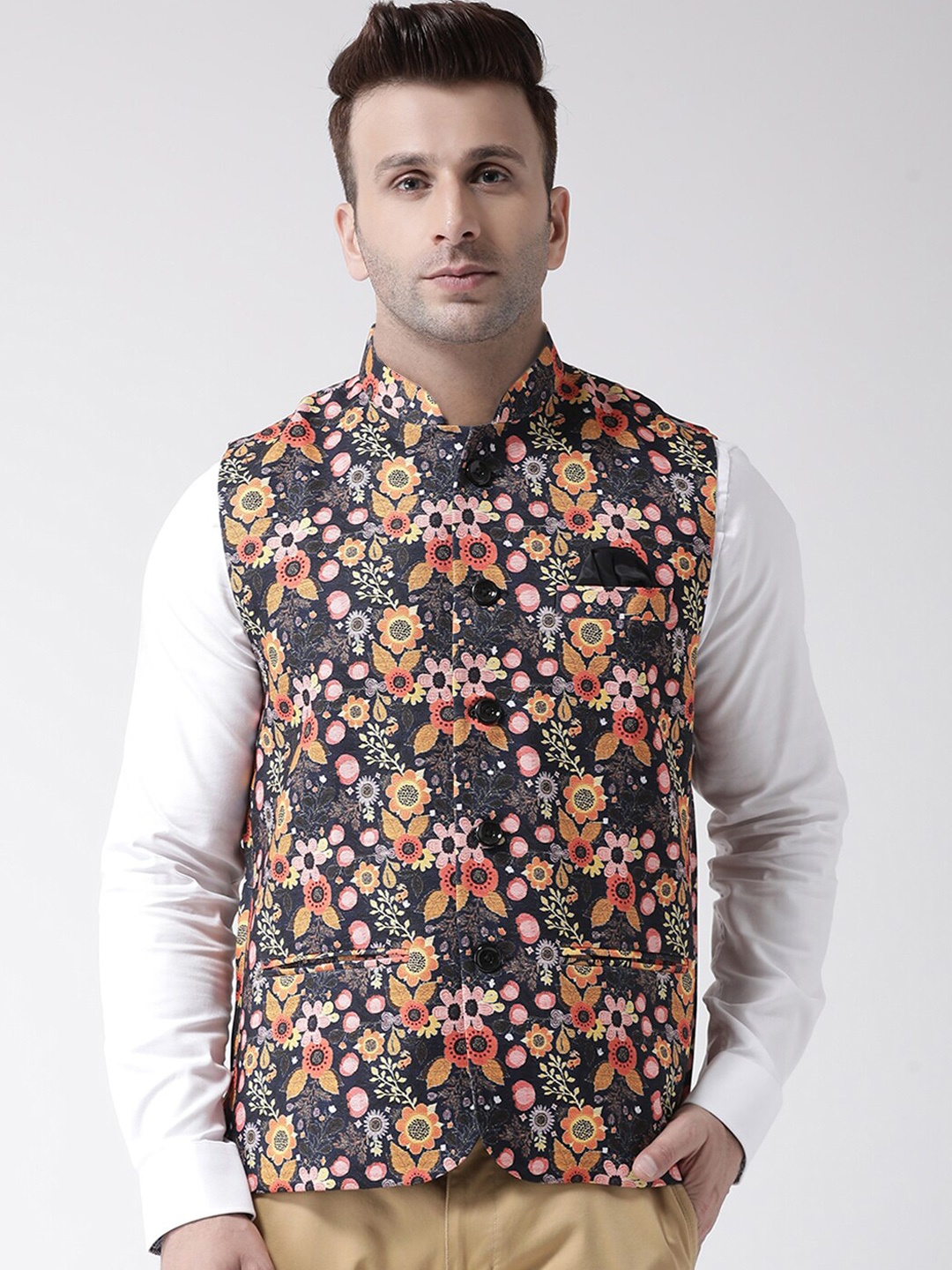 

hangup trend Men Floral Printed Woven Nehru Jacket, Black