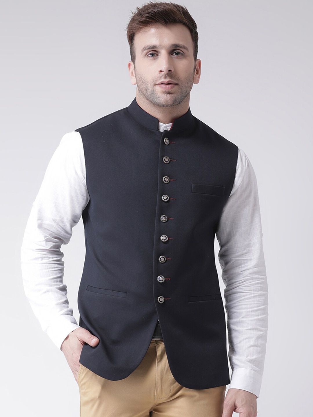 

hangup trend Men Mandarin Collar Woven Nehru Jacket, Navy blue