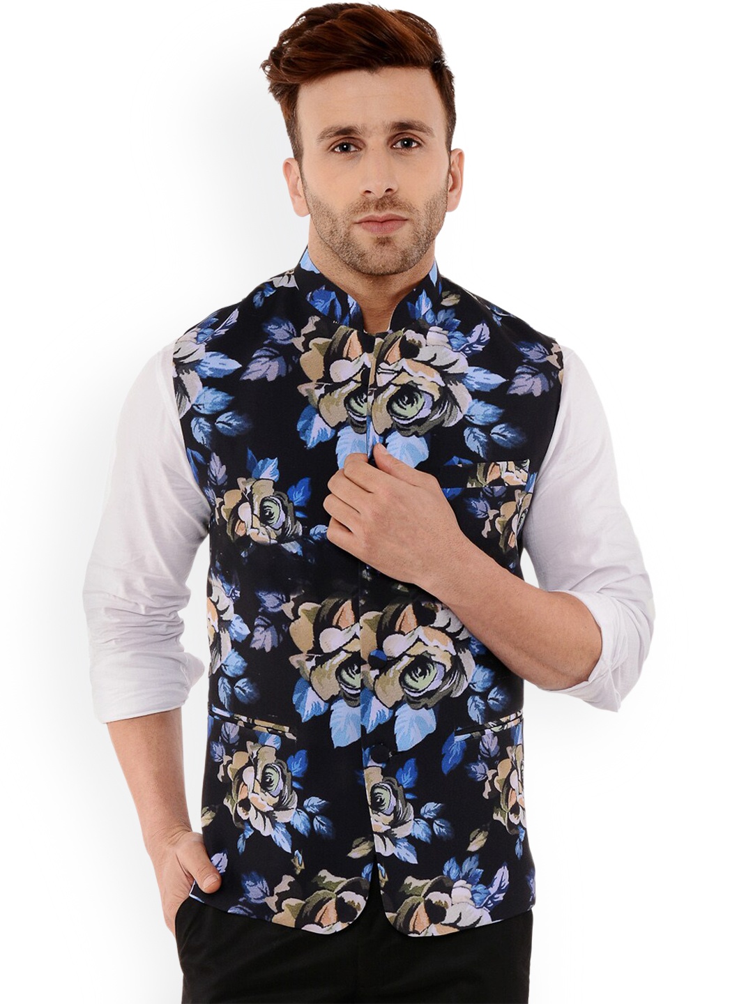 

hangup trend Men Floral Printed Woven Nehru Jacket, Black