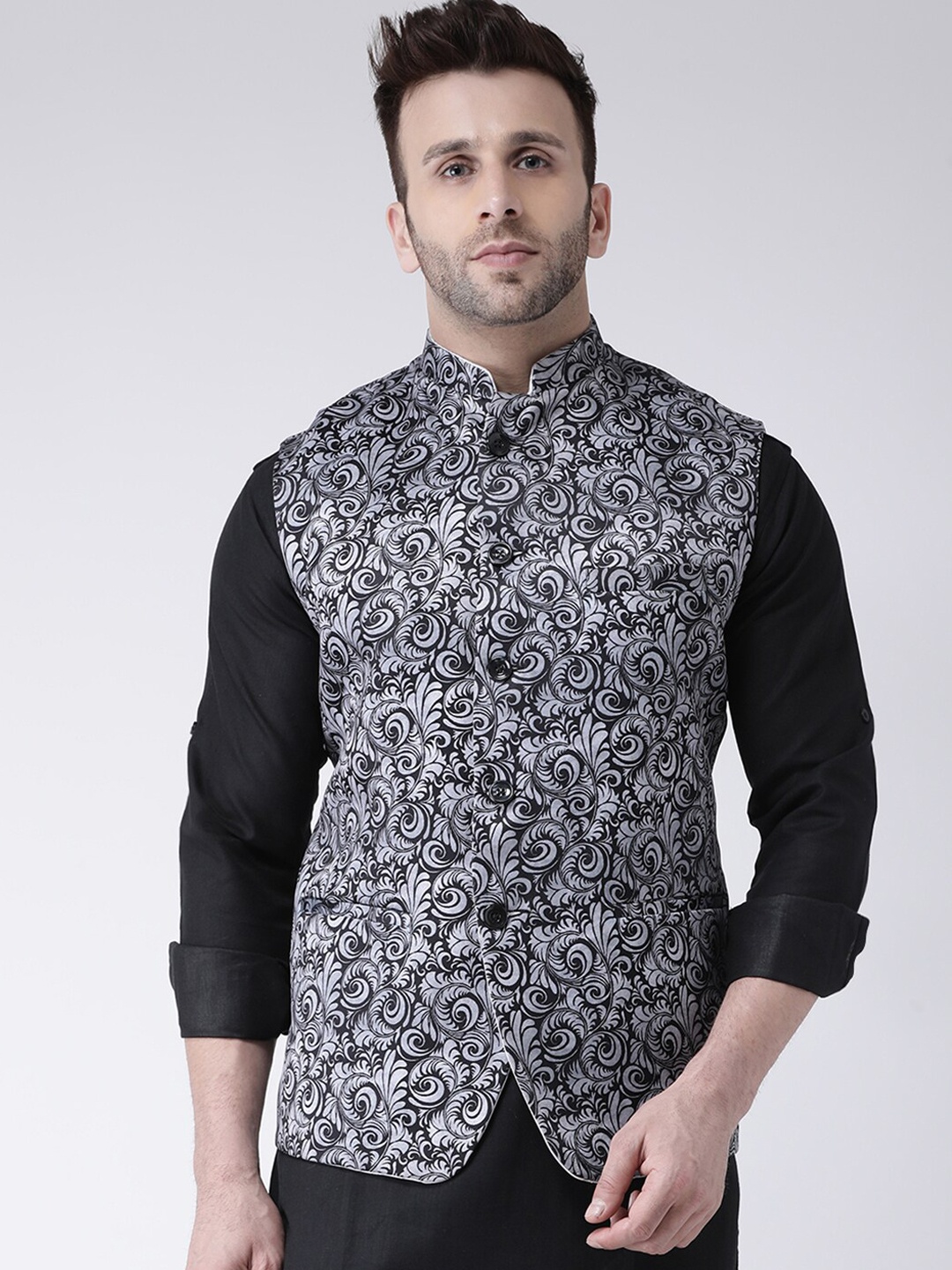 

hangup trend Men Printed Woven Nehru Jacket, Black